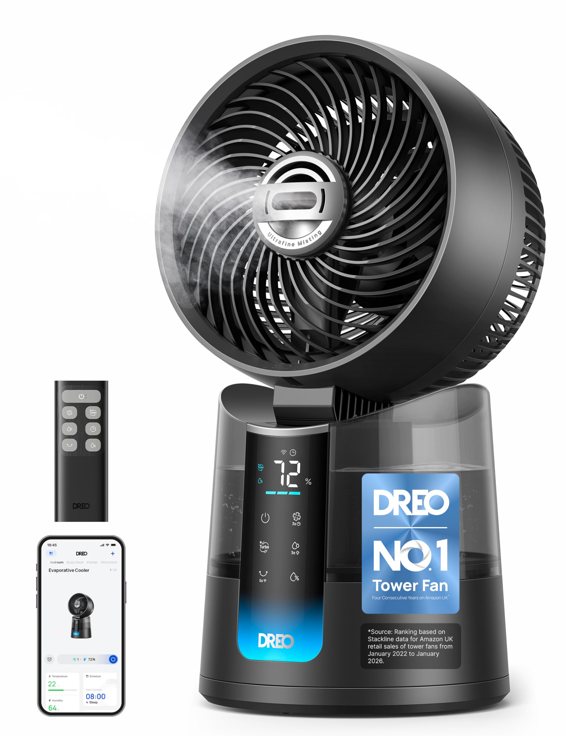 DREO TurboCool™ Misting Fan 516S, 20dB Smart 3 in 1 Ultrasonic Evaporative Air Cooler, 8m/s Desk Fans that Blow Cold Air, 150° Oscillating Cooling Fan for Bedroom, 6 Speeds, 2 Modes, Grey