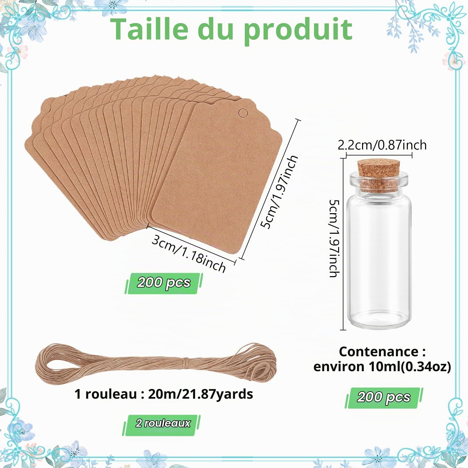 Lot de 200 Mini Flacons en Verre Transparent de 10 ml avec Bouchons en Liège, Étiquettes et Ficelle, Bouteilles à Vœux pour Loisirs Créatifs et Décoration d’Halloween