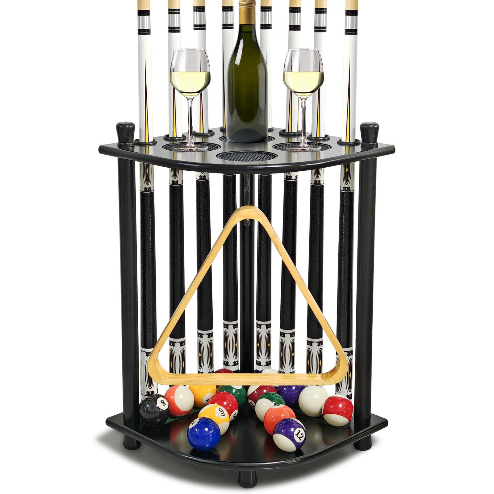 Support de sol pour quilles de billard avec 16 supports de balles de billard en bois massif pour 8 queues de billard, support d'angle pour salle de jeux, club, accessoires de table de billard (noir)