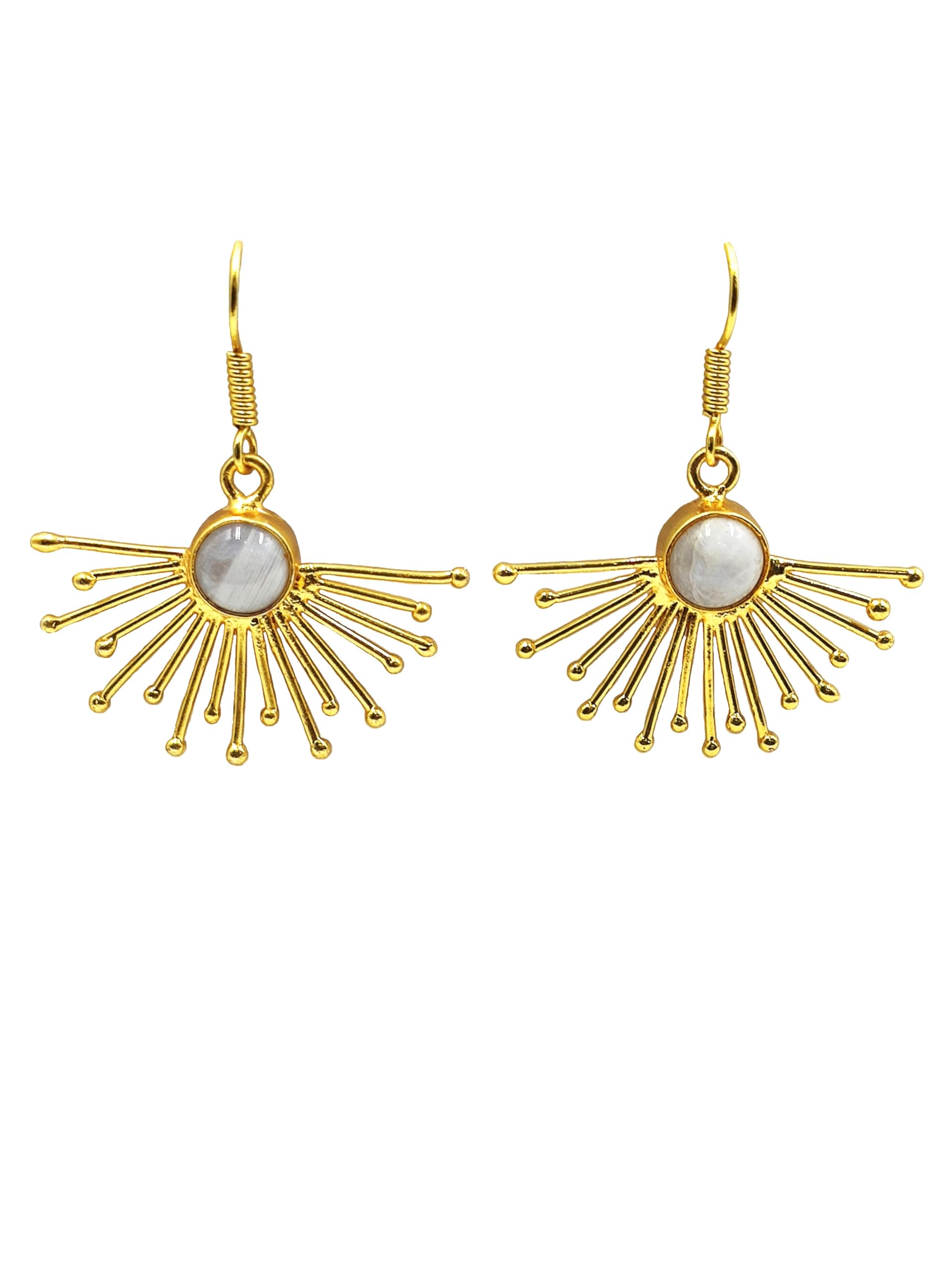 GenericAmazing Natural White Rainbow Moonstone Rising Sun Earring Fish Hook Earring Gold Plated Earring Stylish Earring Gemstone Jewelry Fashionable Earring