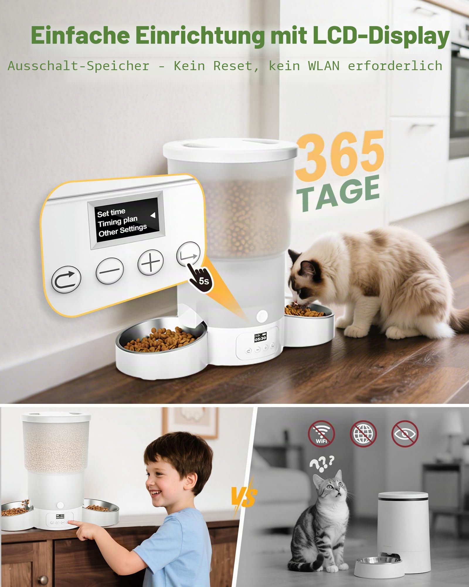 Gimars 5L Futterautomat Katze 2 Näpfe mit LCD-Anzeige Einfache Einrichtung, Programmierbar für 1–6 Mahlzeiten Katzenfutter Automat, Futterautomat Hund, 10 s Sprachruf Automatischer Futterspender Katze