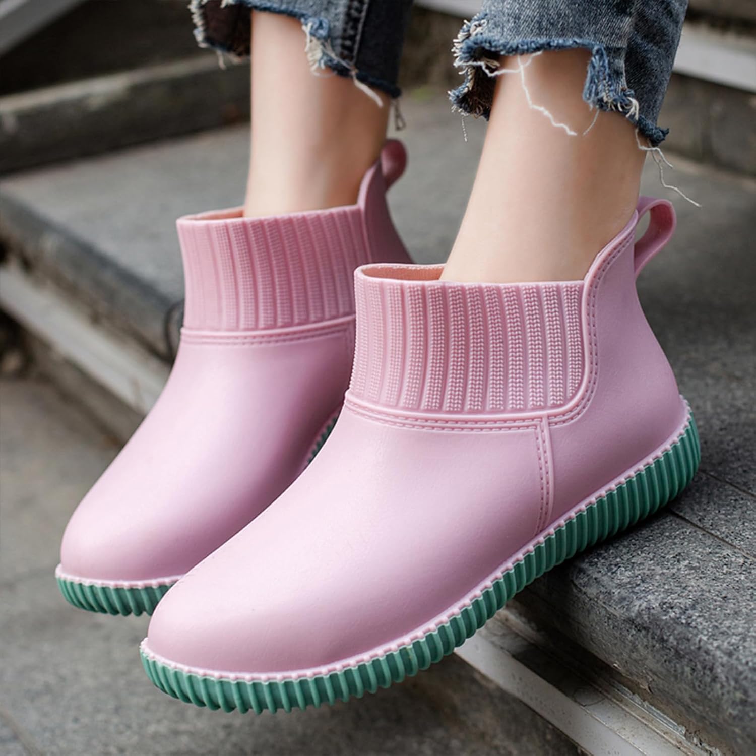 Women's PVC Ankle Rain Boots Fashion Comfortable Lightweight Waterproof Round Toe Garden Short Water Boots Non Slip Soft Flat Outdoor Work Ankle Rubber Rain Boots for City Farm Outdoors