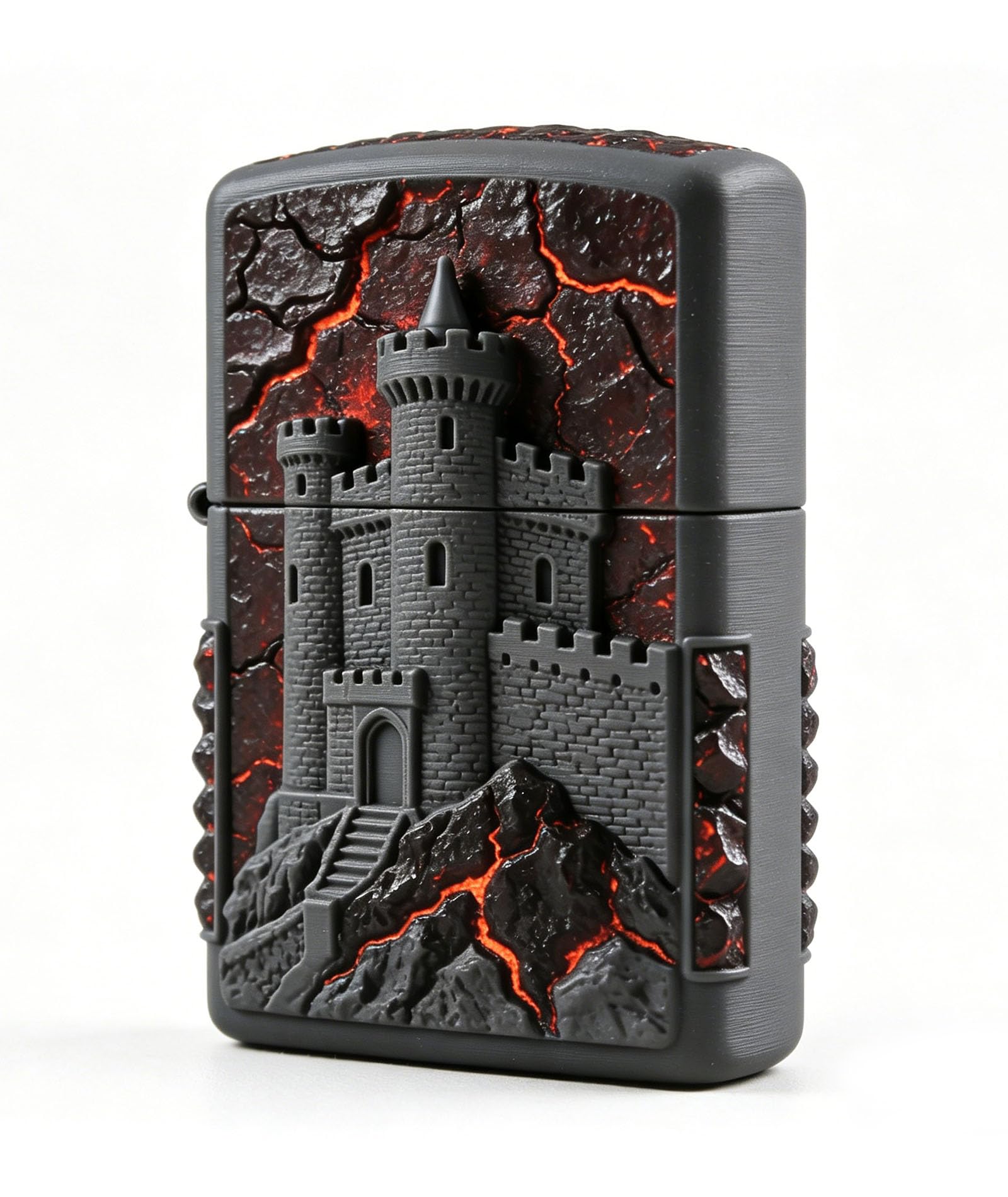 3D Volcanic Castle Carved Lighters Reusable Windproof Flip Top Flint Wheel Kerosene Lighter for Camping Hiking (B)