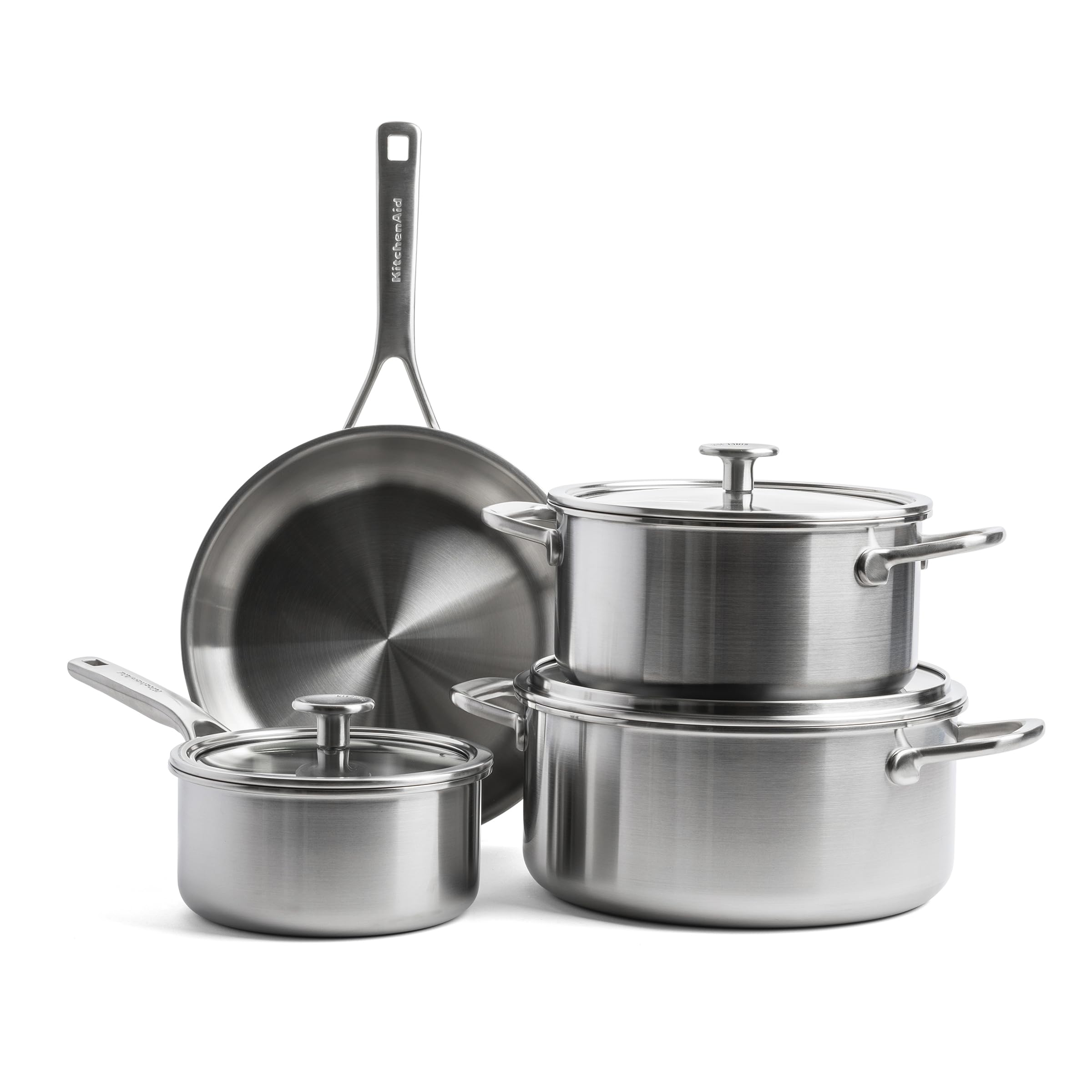 KitchenAid Multiply 3PLY 7-Piece Stainless Steel Cookware Pots and Pans Set, Incl. Frying Pan, Casserole, Saucepan, PFAS-Free, Triply, Multiclad, Induction Suitable, Oven Safe up to 220°C, Silver