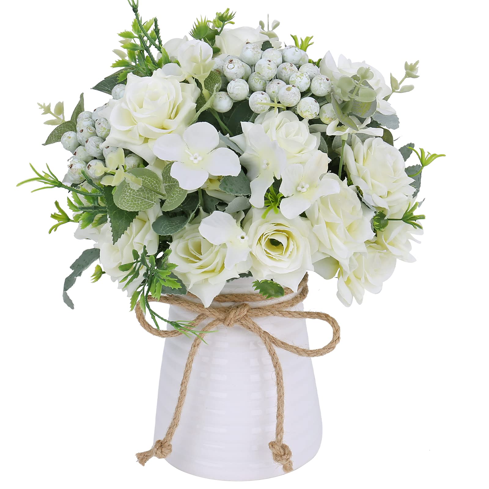 Artificial Flowers with Vase Silk Fake Roses Wedding Flowers Bouquets for Home Table Office Party Patio Decoration (White Vase - White)