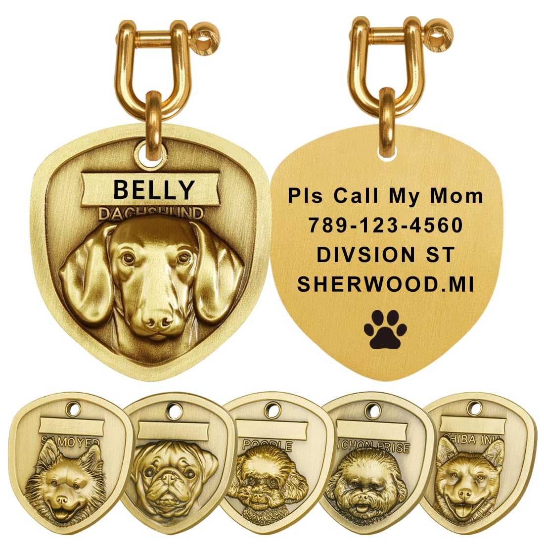 Personalized Dog ID Tag, Brass Shield Design with Custom Text, Multiple Breed Options - French Bulldog, German Shepherd (Dachshund)