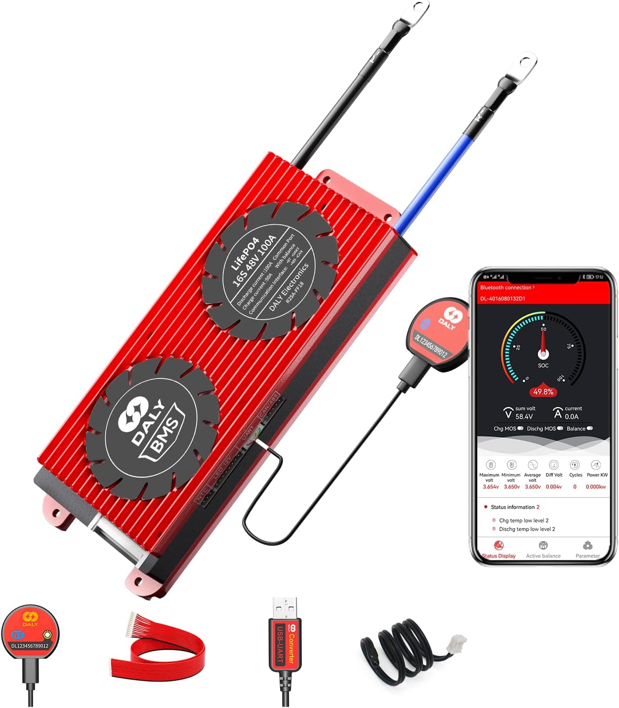 DALY BMS 16S 48V 100A LiFePO4 PCB Protection Board with Balance Leads Wires 3.2V Battery Protection Module Smart BMS for 18650 Battery Pack 48V with UART