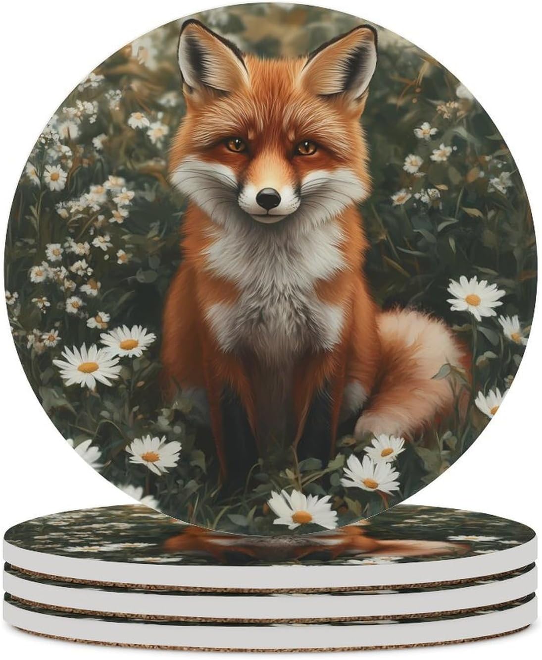Wildlife Fox Coasters for Drink Round Ceramic Coaster with Cork Base Home Decorative 4PCS