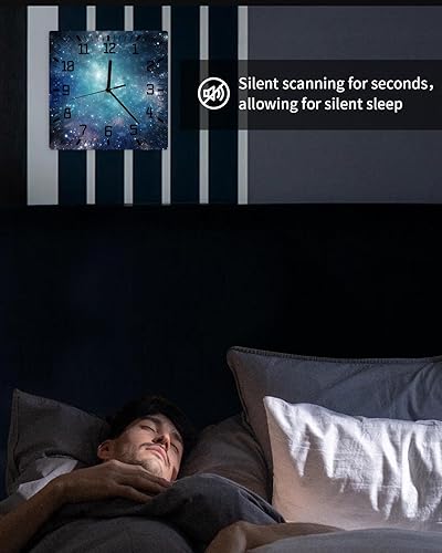 Miniatura 6 de Reloj de pared de madera con cielo estrellado, silencioso, sin tictac, color verde azulado, estrella, color azul marino, cuadrado, funciona con