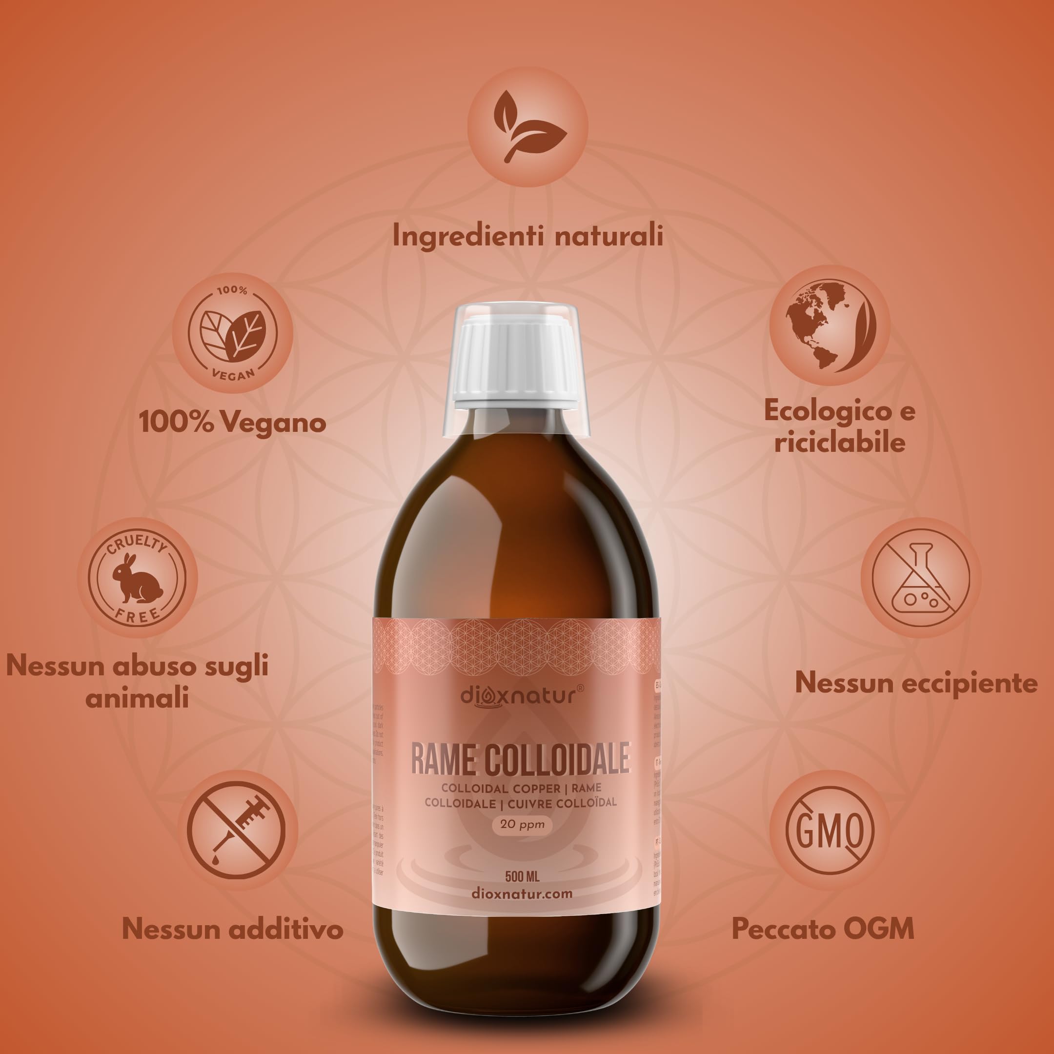 Rame Colloidale 500 ml - 20 ppm - 99,99% Purezza - Soluzione Liquida con Acqua Bidistillata - Flacone Vetro Ambra con Bicchierino Graduato