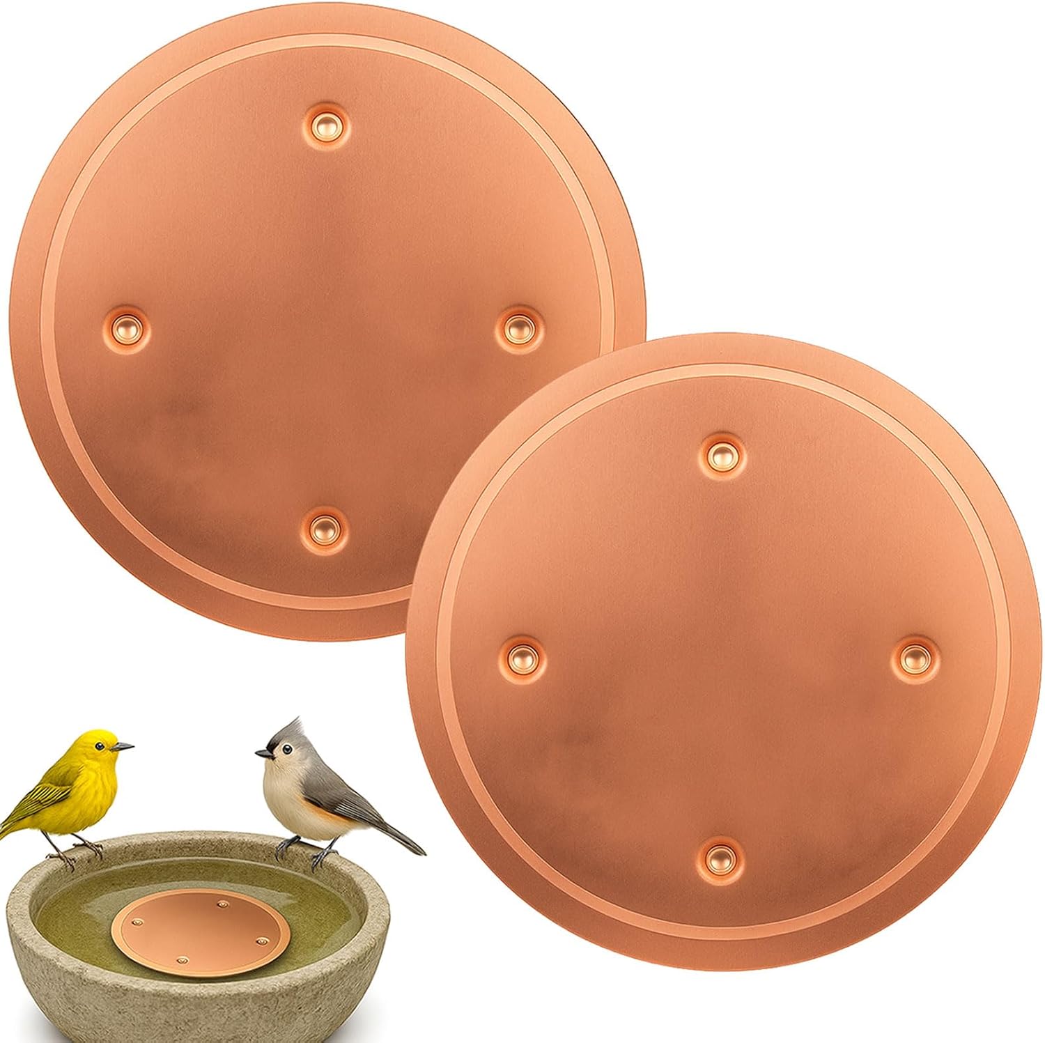 4 Pcs Bird Bath Copper Disk, 0.6mm Premium 99.99% Copper Insert with Raised Point, Fits Most Bird Baths for Outdoor Garden Backyard (4” Diameter)