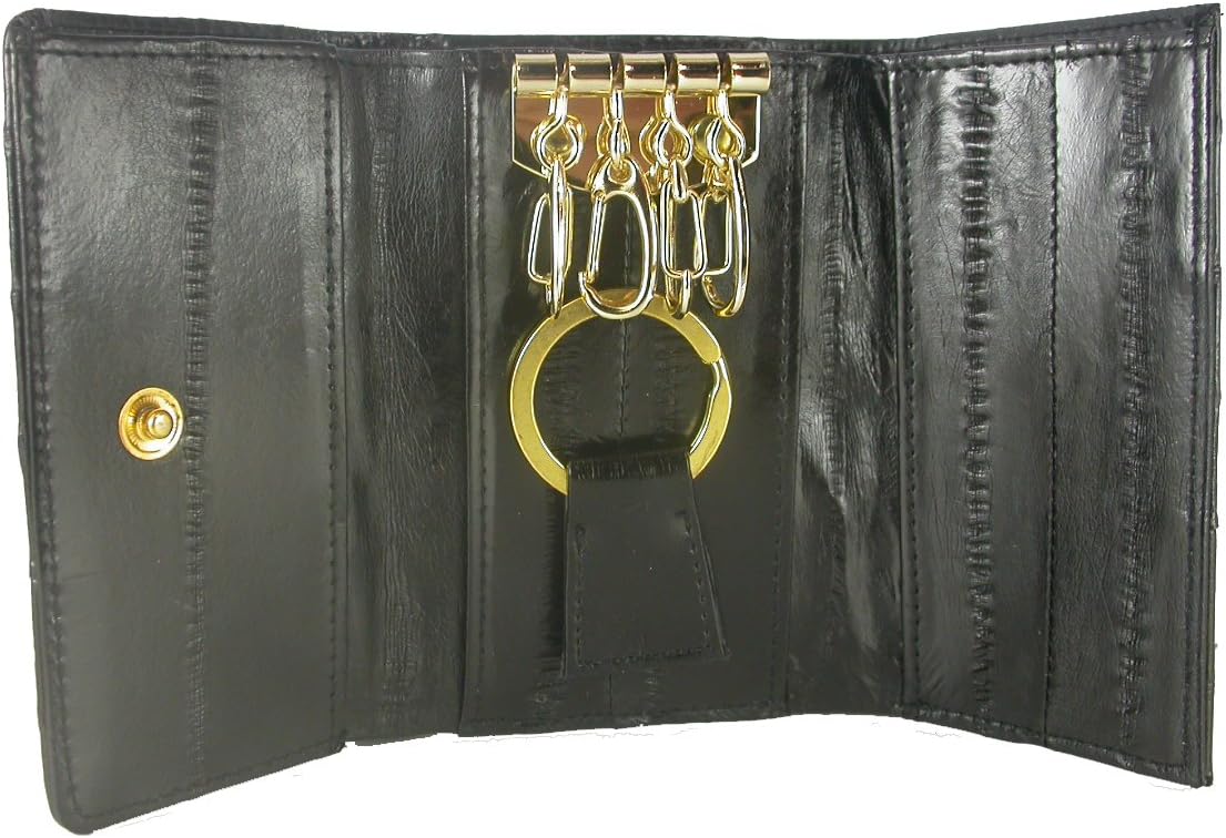 Genuine Eel Skin Leather Key Holder Ring Finders Chain Small Wallet Purse with Bill Pocket New (Black)