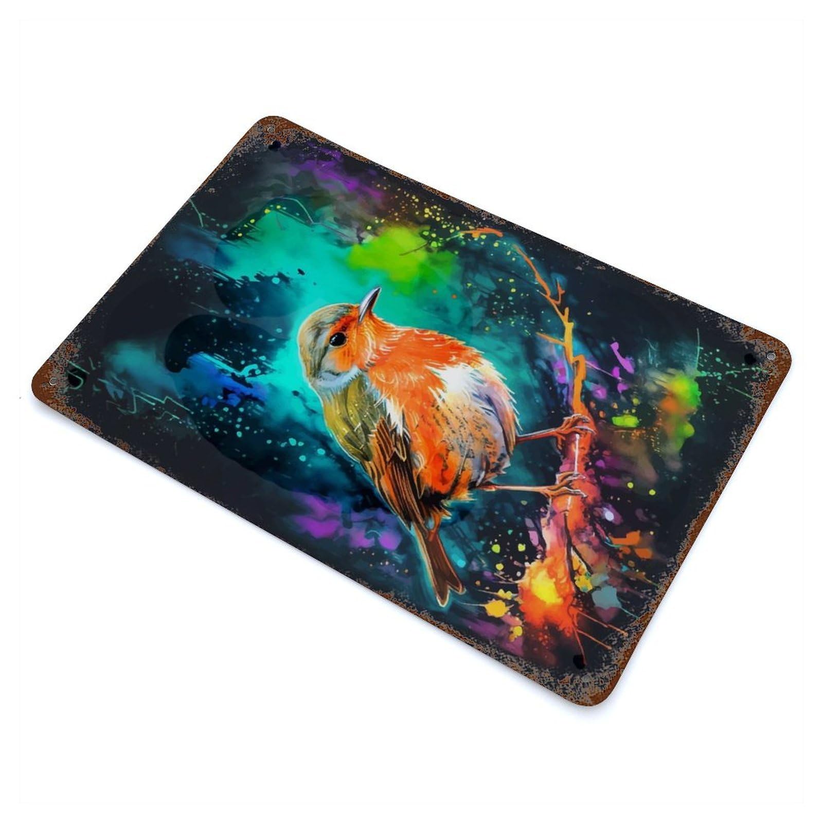 Robin in Watercolor Splatter Rustic Tin Plaque 11.8"x7.9", Industrial Home Decor for Pub, Kitchen And Man Cave Decor
