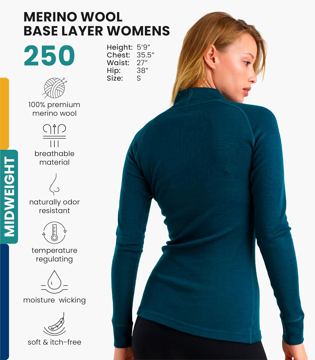Merino Wool Base Layer Women - 100% Merino Half Zip Sweater Women Lite, Midweight, Heavyweight Thermal Shirts and Socks - Image 3