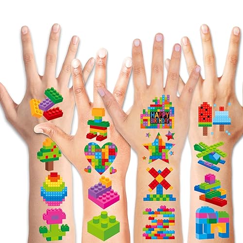 HOWAF 96 piezas de tatuajes temporales de bloques de construcción de color neón para niños, 8 hojas de ladrillos de construcción de colores lindos