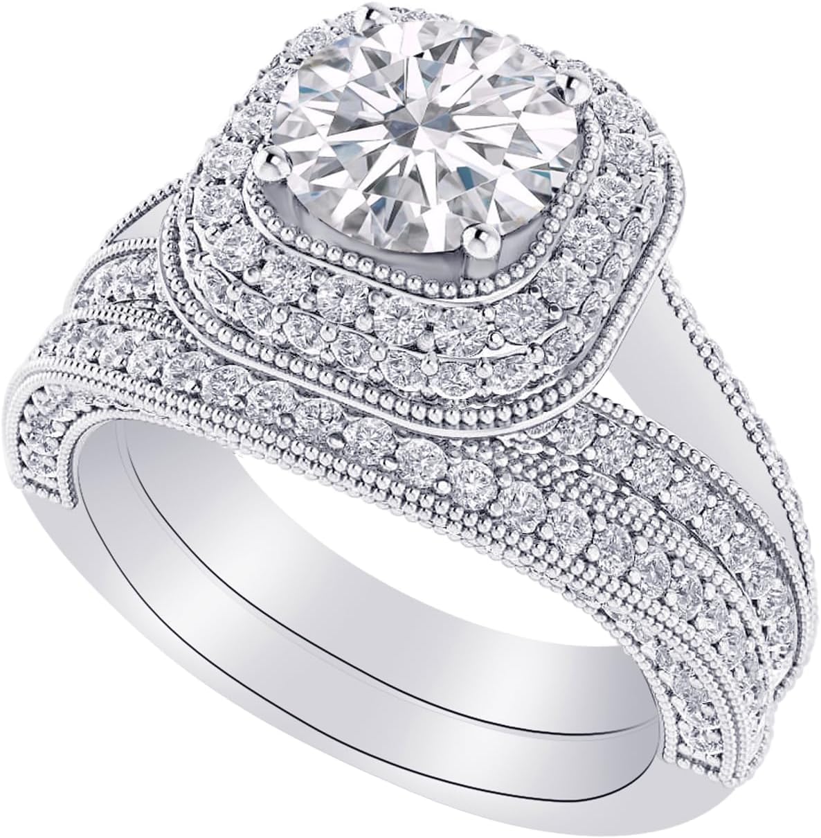 1-8 Carat (ctw) White Gold Round Cut LAB GROWN Diamond Split Shank Halo Wedding Bridal Set (Color H-I Clarity VS1-VS2)