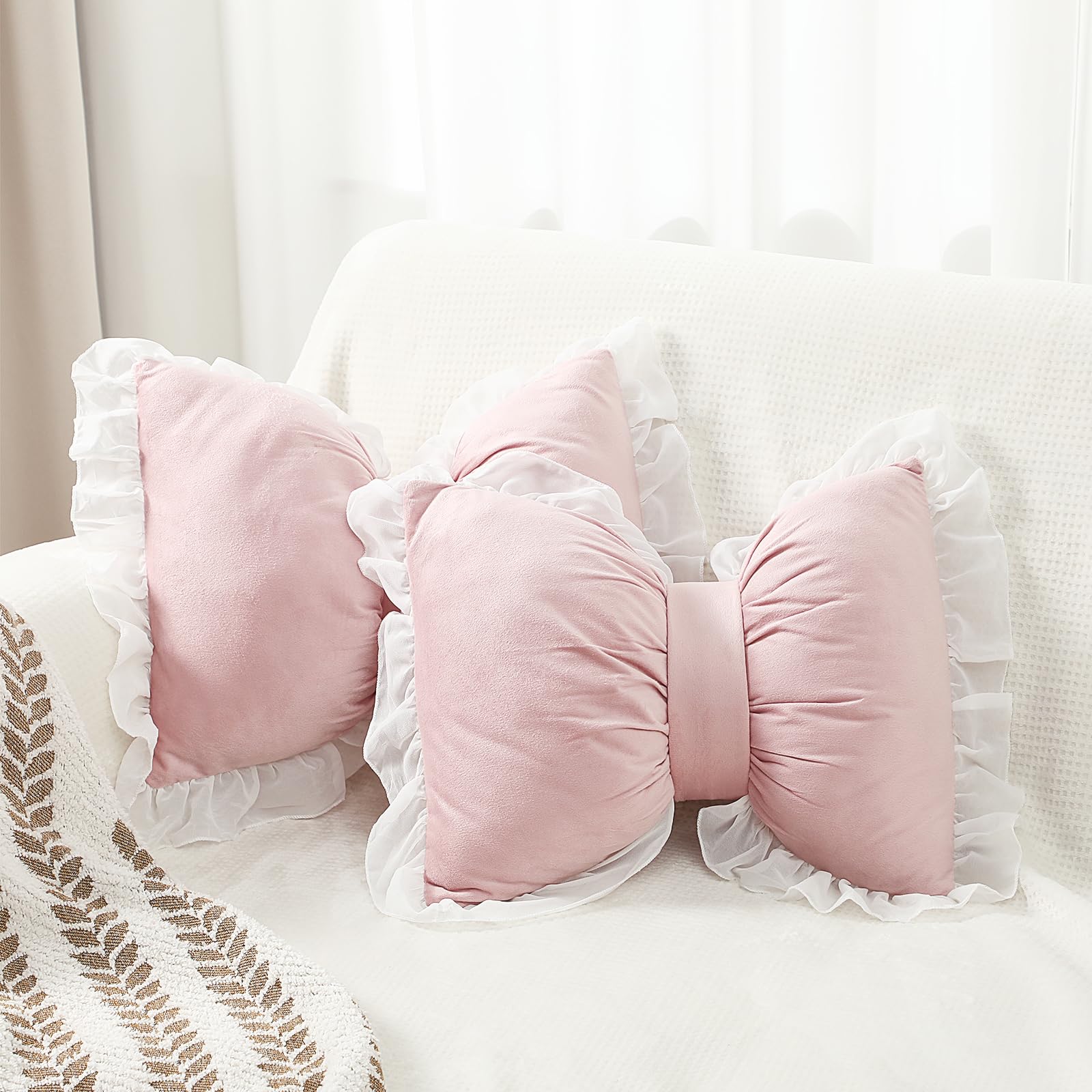 Yousoontic 2 Pcs Bow Pillows 15.7 * 12.6 in Coquette Throw Pillow Cute Bow Shaped Cushion Plush Lumbar Decorative for Girls Room Bed Sofa Couch Car(Velvet,Pink)