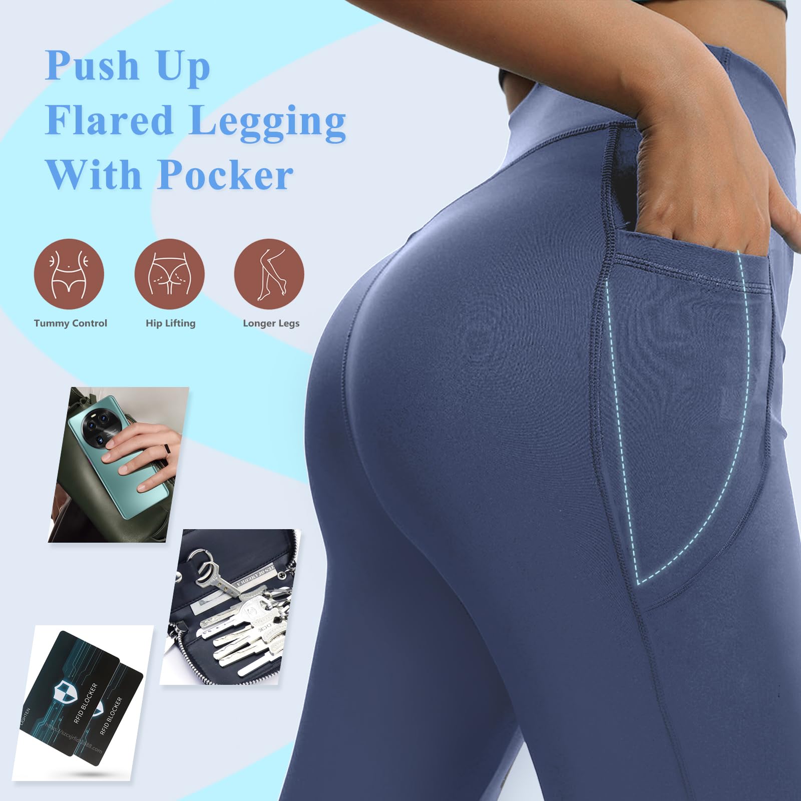Pantalon Mujer Campana Elastico Pantalones Acampanados con Bolsillos Cintura Alta Flared Leggins Yoga Pants Mallas Deportivos Push Up Opacos Bootcut Pantalon de Jazz Fitness Casual