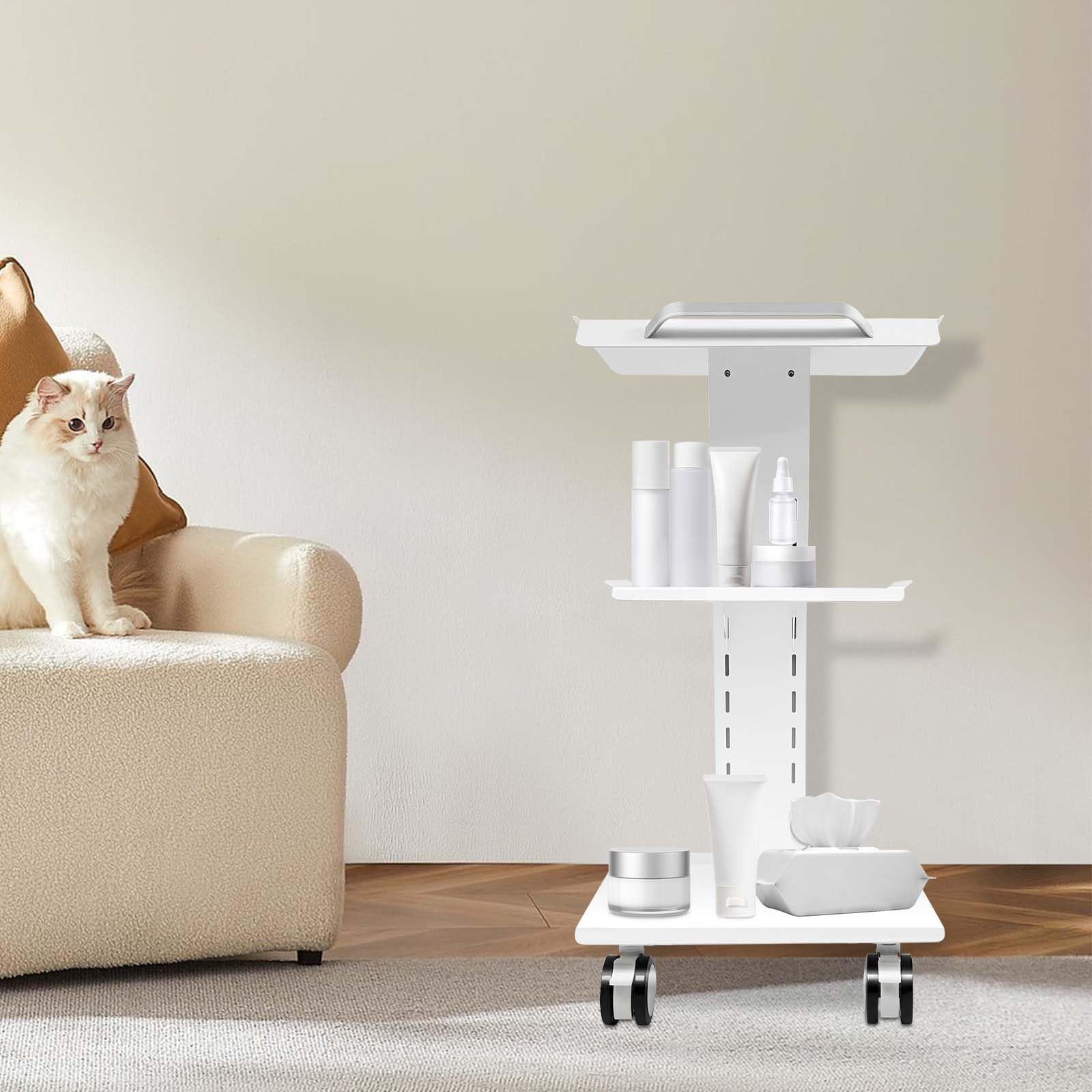 Carrello multifunzione da laboratorio, livello 3, con presa di corrente, carrello per attrezzi, clinica, pratica, studio cosmetico, altezza regolabile, in acciaio, con prese freni, con 3 connettori a