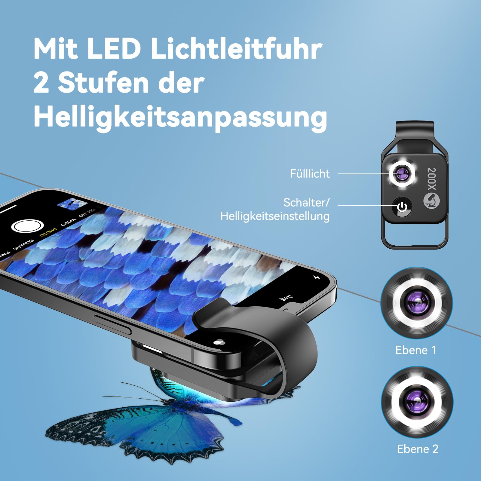 Evil eye 200 x Telefonmikroskop Mini-Mikroskop mit CPL 2 Helligkeitsmodi Keine App erforderlich für Microworld