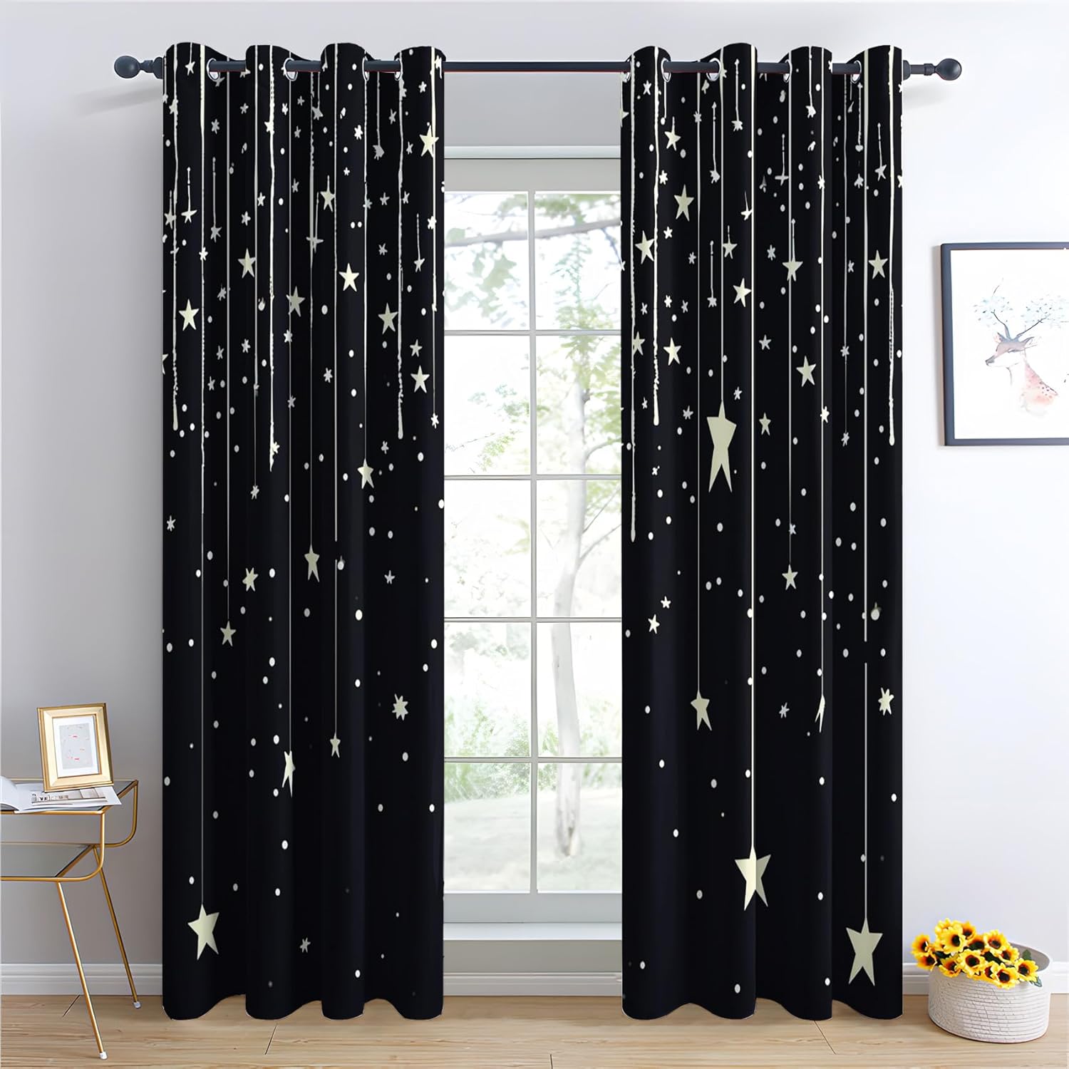 Starry Night Curtains for Boys Girls Bedroom Decor, Starlit Sky Black And White Blackout Curtains for Kids Room, Silver Star Window Curtains for Nursery Classroom Playroom, Grommet Drapes, 38x54