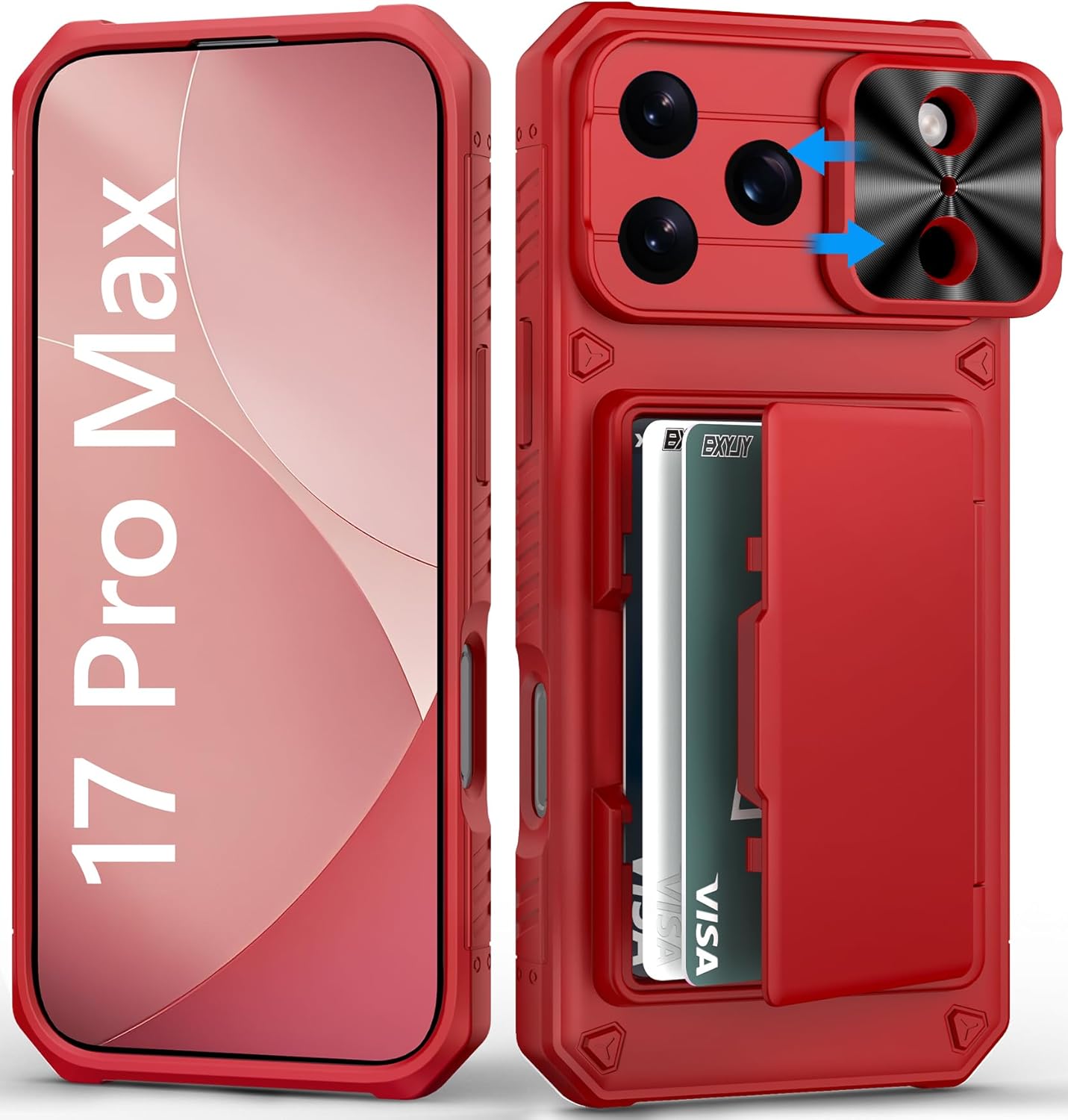 Wallet Case for iPhone 17 Pro Max, Card Holder (4-5 Cards), Slide Camera Cover, Daily Drop Protection, Heavy Duty Women Girly Men Protective Phone Cover for iPhone 17 Pro Max 6.9" 2025, Red Red iPhone 17 Pro Max, 6.9"