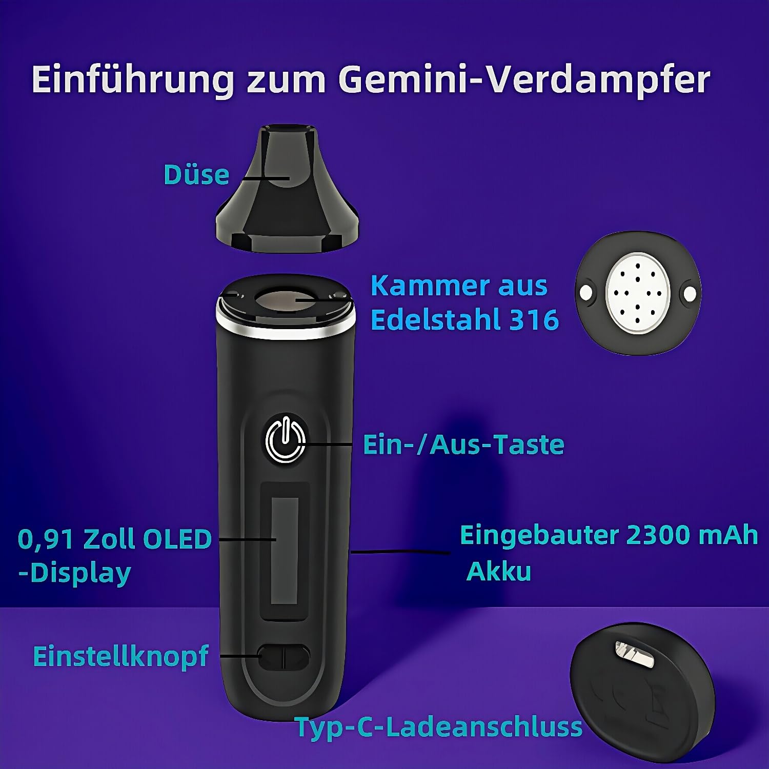 Gemini Vaporizer Cannabis Verdampfer mit präziser Temperaturregelung，Schnell aufheizender Kräuterver dampfer，2200mAh Super-Akku，0,91-Zoll-OLED-Display，Tragbares dry herb vaporizer (Leerzeichen grau)