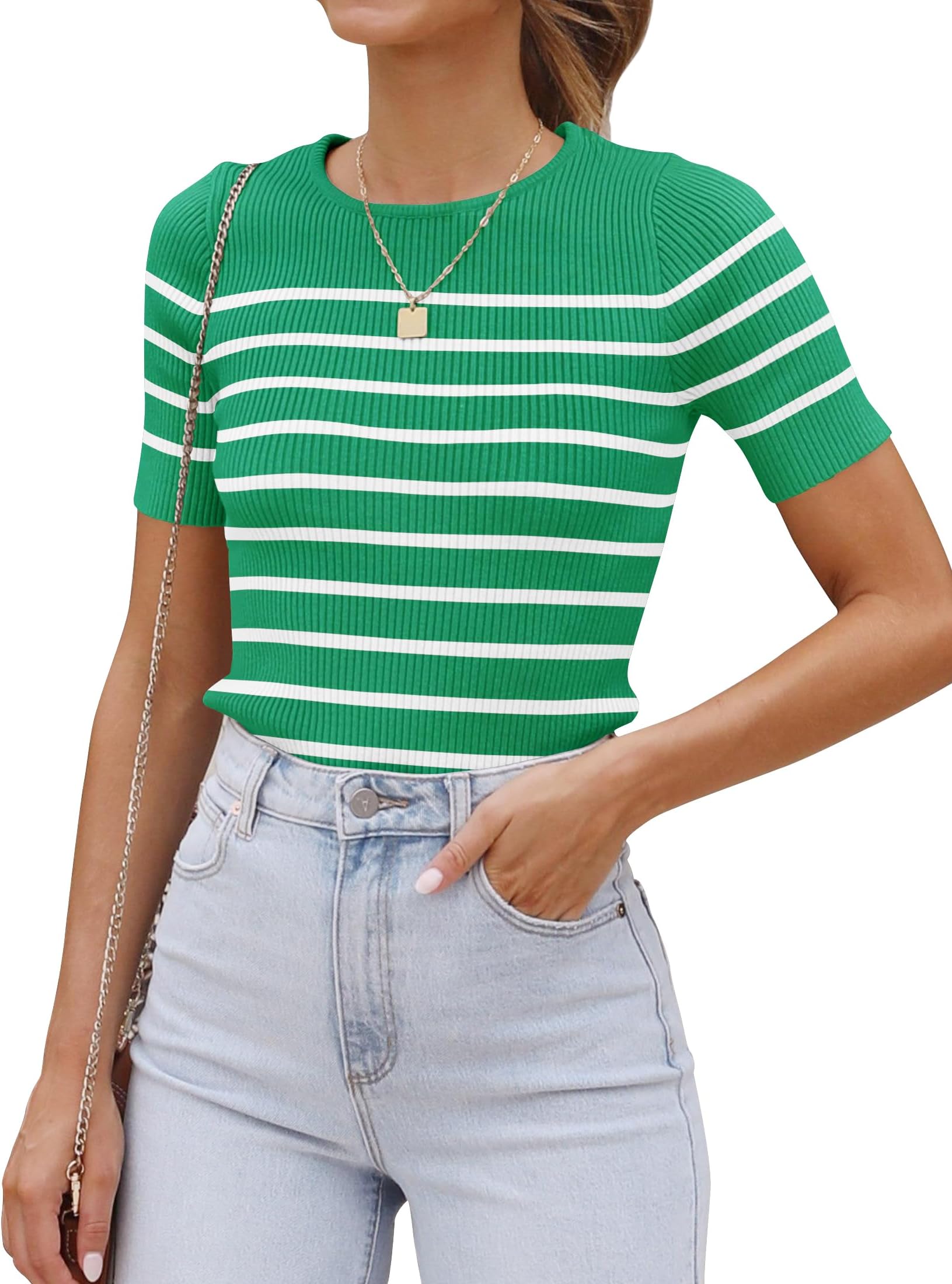 Women's Short Sleeve Crewneck Striped T Shirt 2026 Summer Ribbed Knit Slim Fit Casual Basic Tee Tops