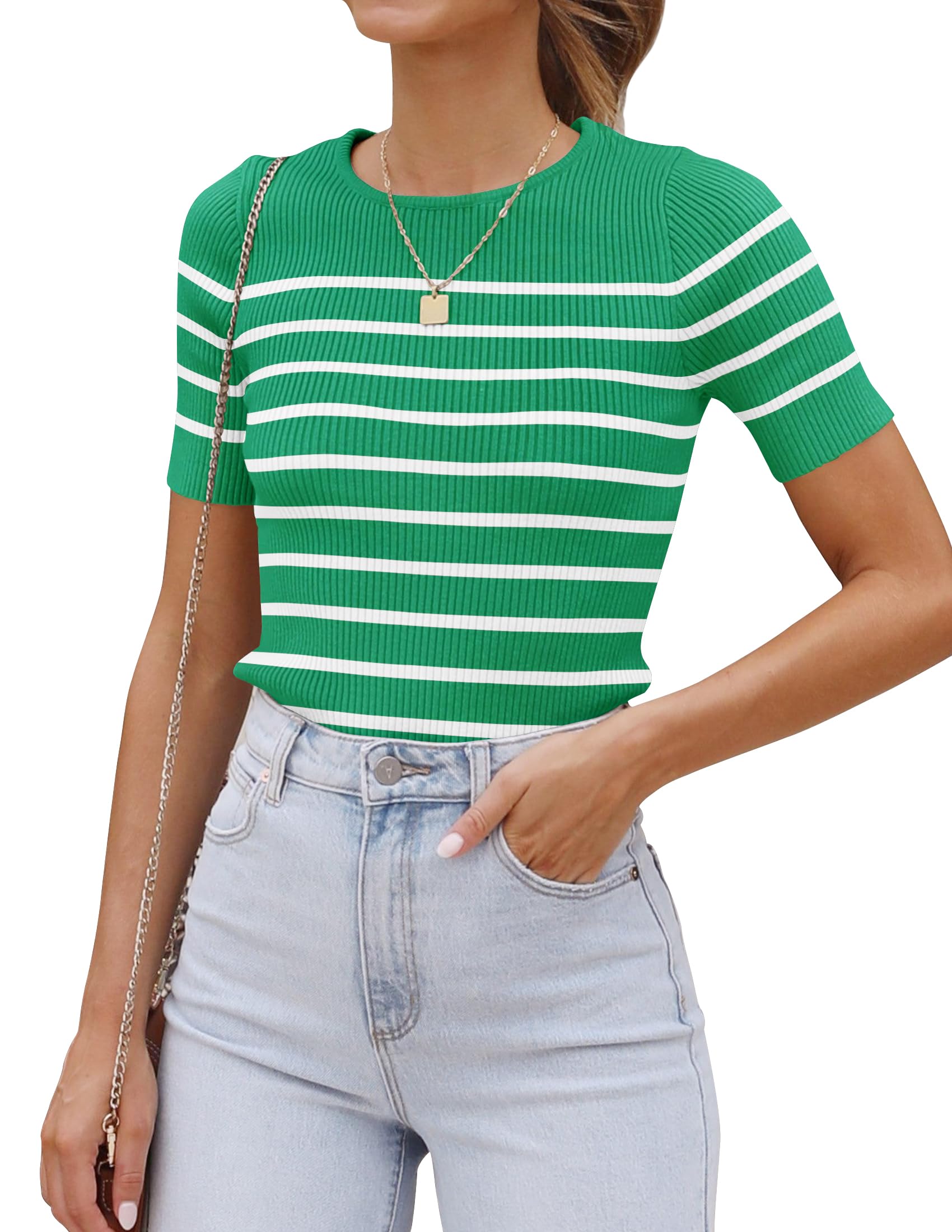 Women's Short Sleeve Crewneck Striped T Shirt 2026 Summer Ribbed Knit Slim Fit Casual Basic Tee Tops