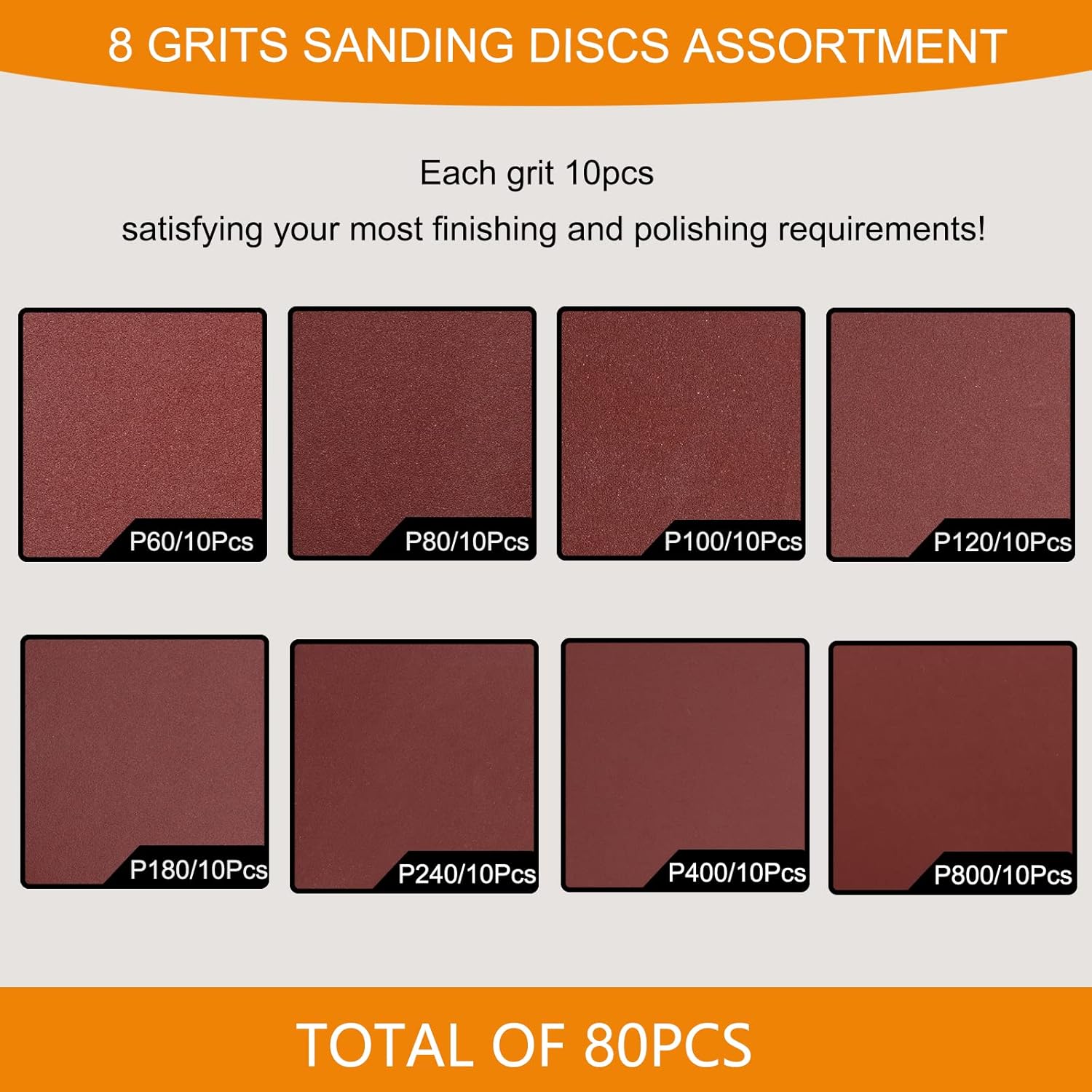 80 Pieces Sanding Discs Set, 8 inch Hook and Loop Sandpaper, Assorted Grits Sanding Discs Include 80/100/120/180/240/400/600/800 Grits for Random Orbital Sander(10pcs of Each Grit)