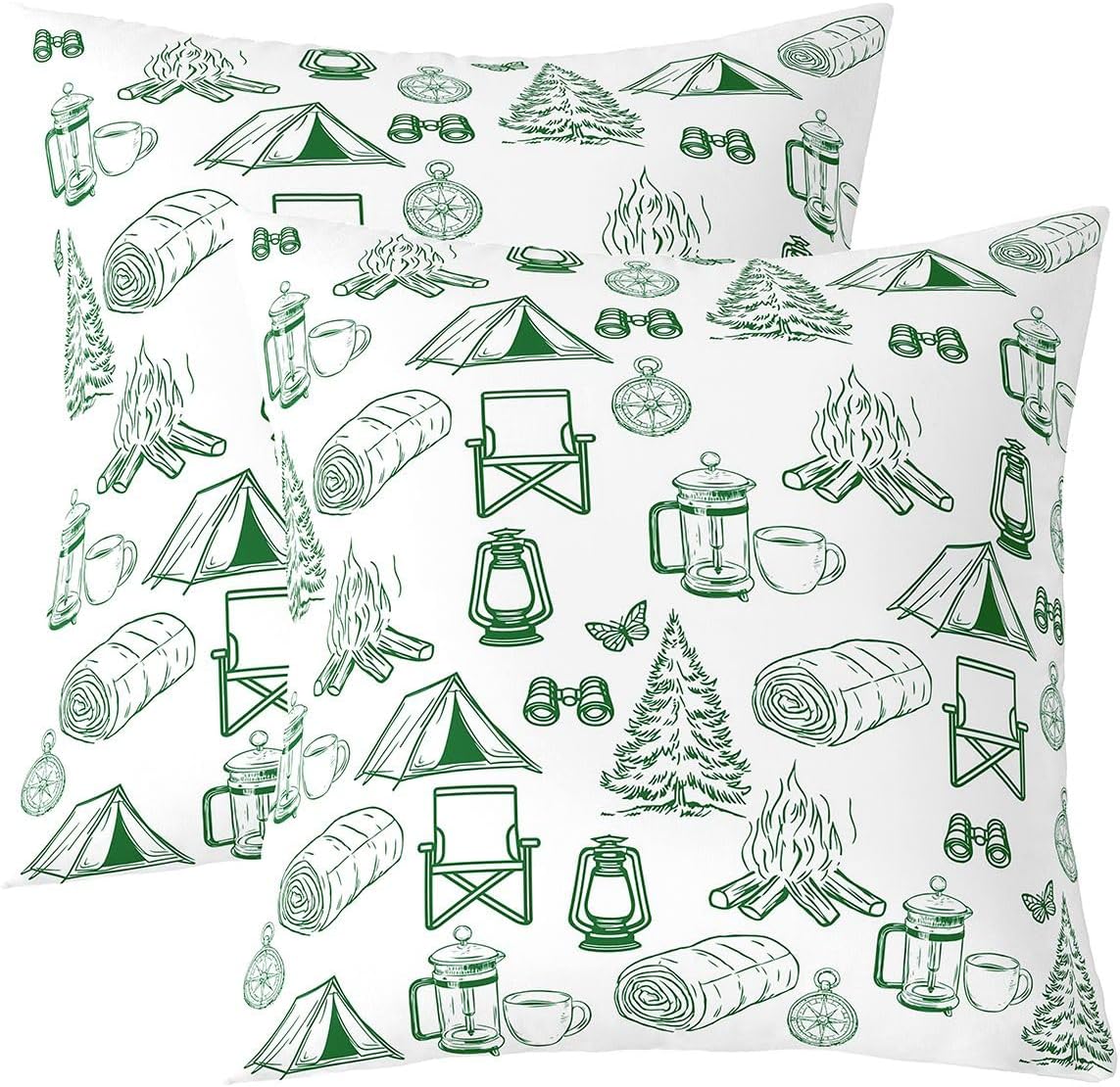 Happy Camping Throw Pillow Covers 16x16 Green Lantern Campfire for Cabin Room Decor Cushion Cover Camping Accessories Wild Adventure Throw Pillow Case For Bed Sofa Rustic Farmhouse Style Home Decor image 2