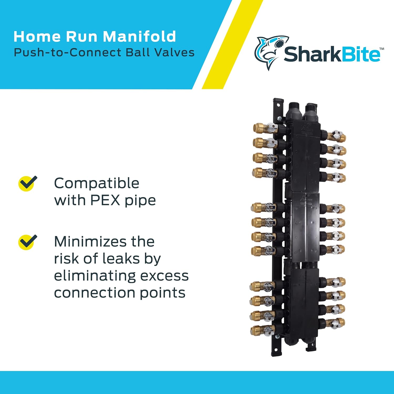 SharkBite 24 Port Home Run Manifold 3/4 Inch MNPT Inlet x 1/2 Inch Push to Connect Brass Ball Valve Outlets, PM024SB