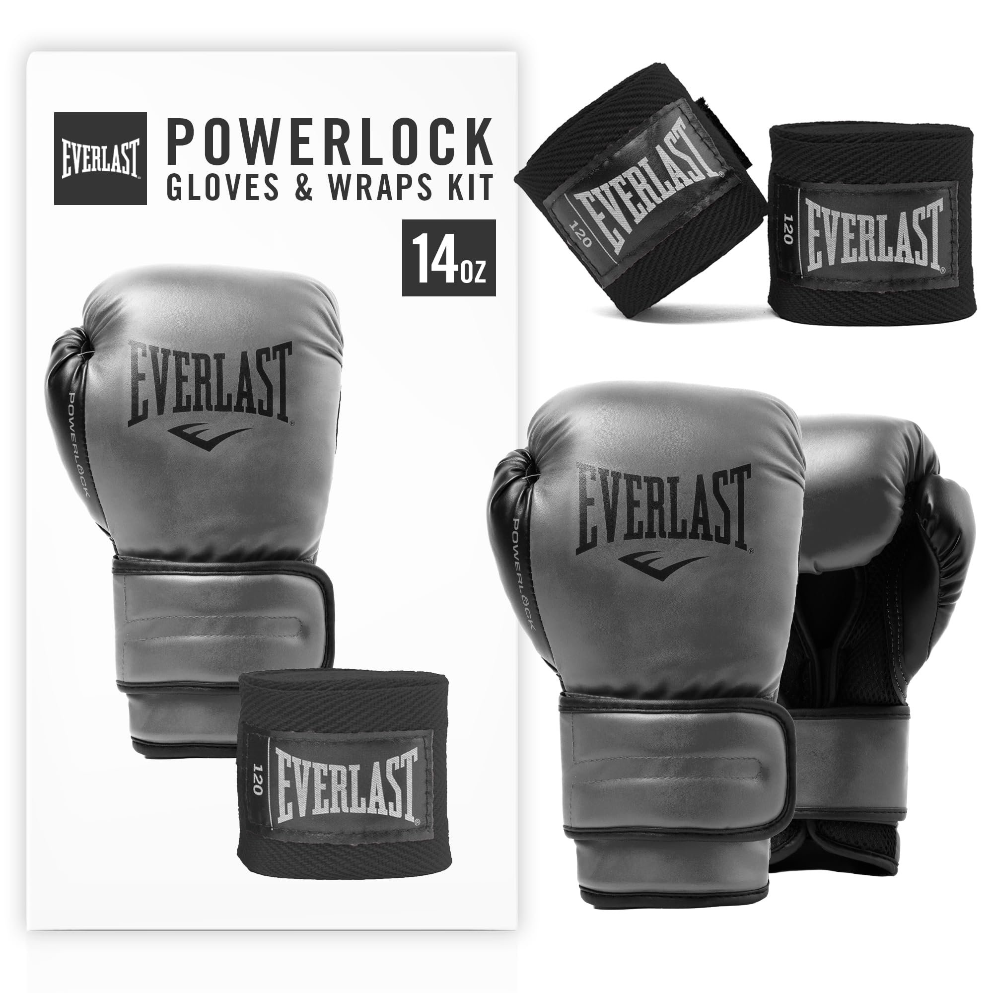 Everlast Powerlock 2R Boxhandschuhe 14oz und Core Boxbandagen, anthrazitgraue Everlast Boxhandschuhe für Sandsack und Sparring mit Klettverschluss und vierlagiger Schaumstoffpolsterung