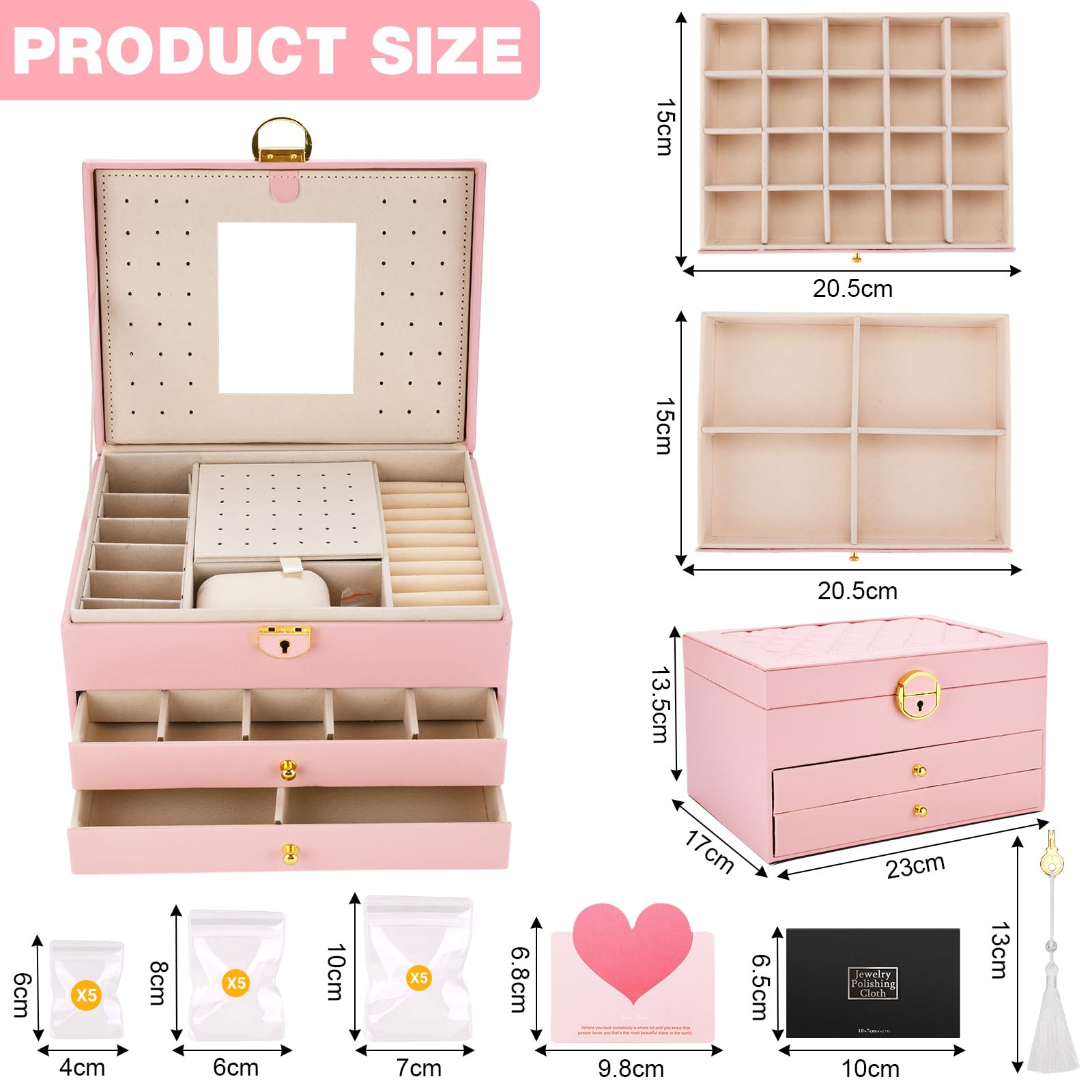 Joyeros Mujer Organizador,Caja de Joyas de tres niveles,Caja Joyero de viaje para collares,aretes,pulseras y anillos,con llaves y cerraduras.Adecuado tanto para niñas como para mujeres