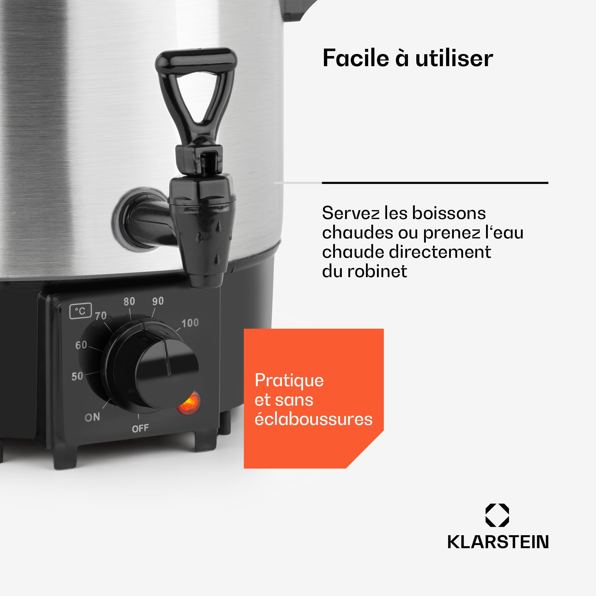 Klarstein Biggie Eco - Stérilisateur automatique et distributeur de boisson, 1000W, 30-100 °C, volume de 9L, robinet, voyants de contôle, grille de stérilisation fournie