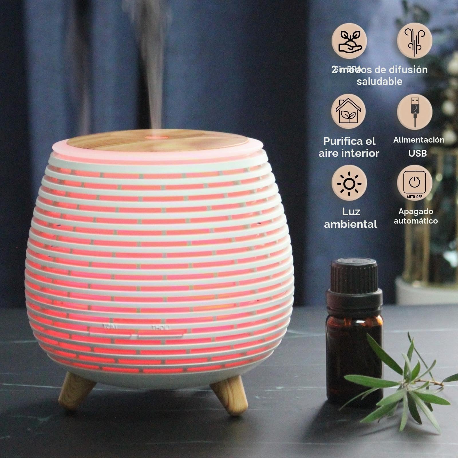 Zen'Aroma Difusor de Aceite Esencial Lola, difusor ultrasónico de aromaterapia fría difusor de Perfume eléctrico USB, 2 Modos de difusión, Apagado automático, iluminación LED, silenciador y Compacto