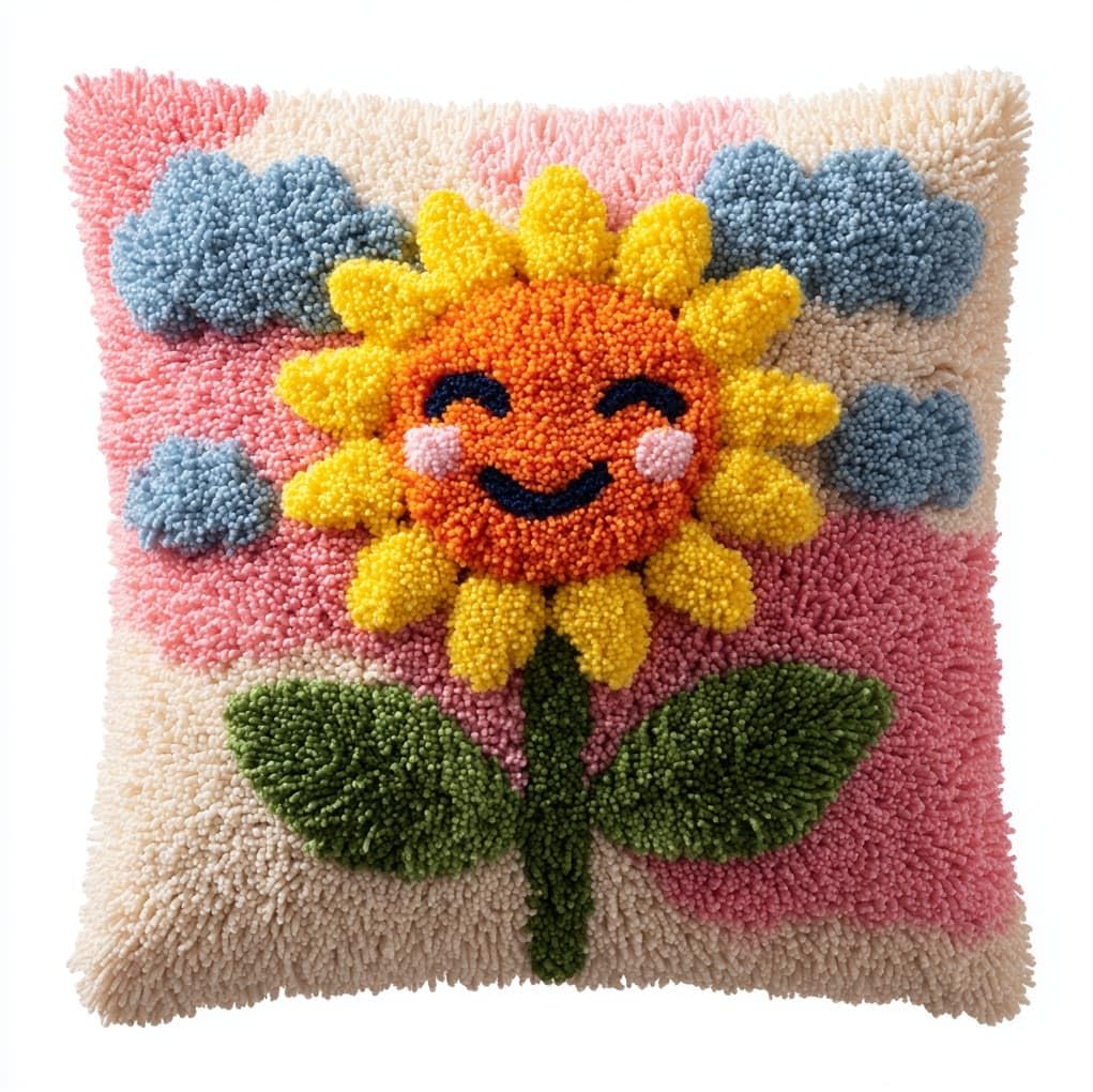Henypt Latch Hook Pillow Kit 43x43cm,Smiling Sunflower DIY Cushion Cover for Sofa Bedroom Decor,Pre-Printed Canvas Craft Set for Adults Beginners