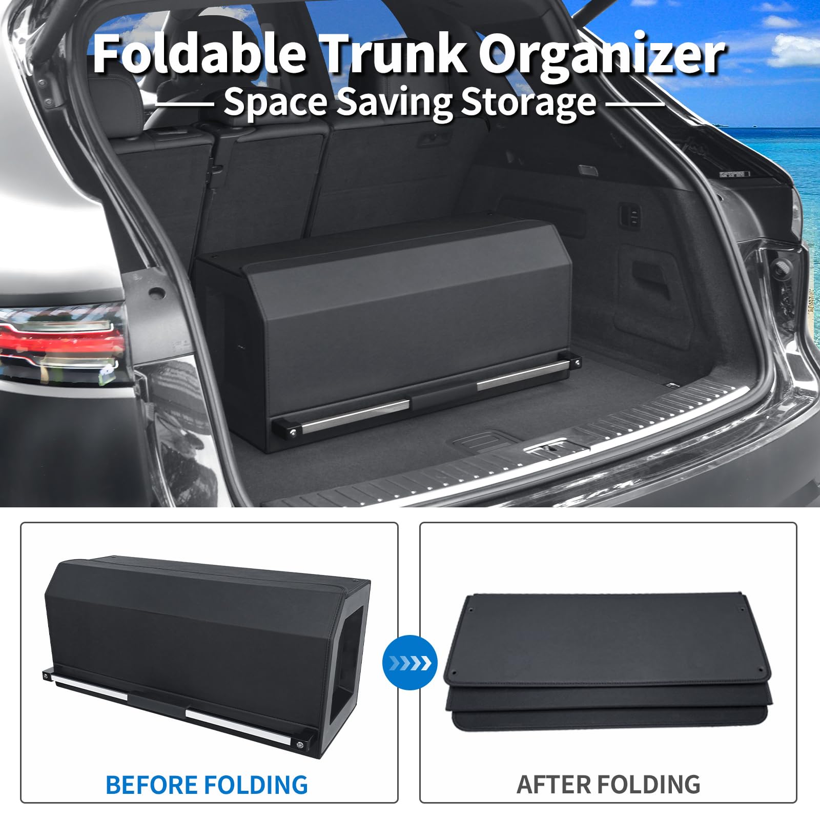 Kofferraum-Organizer aus Leder, Push-Pull-Griff, zusammenklappbarer Auto-Organizer mit Deckel, wasserdichte Kofferraum-Aufbewahrungsbox für SUV, Minivan (schwarz, 29,5 x 70,6 x 31,8 cm)