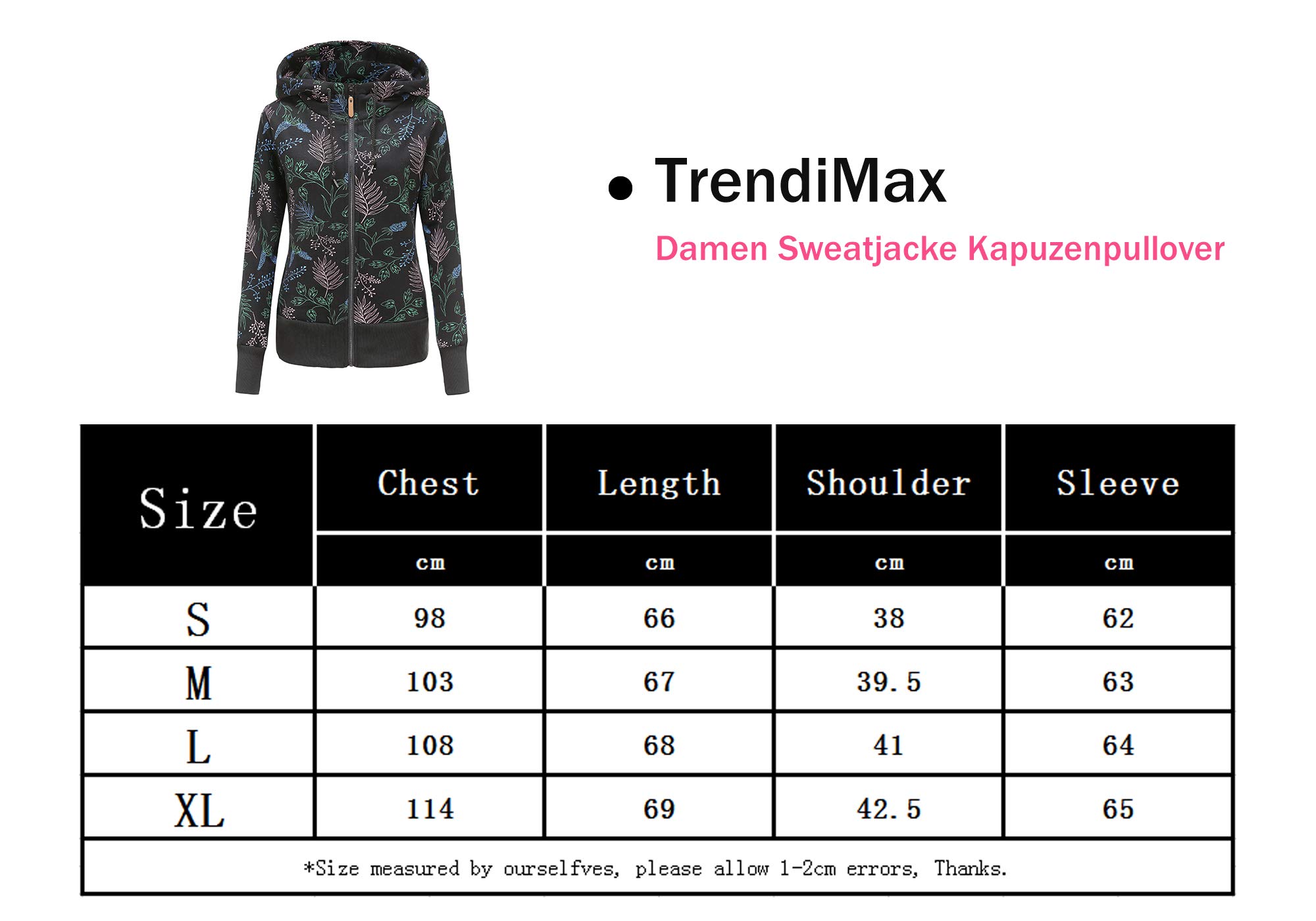TrendiMax Sweat à Capuche Femme Pull à Capuche avec Fermeture Éclair Hoodie Imprimé pour Femmes