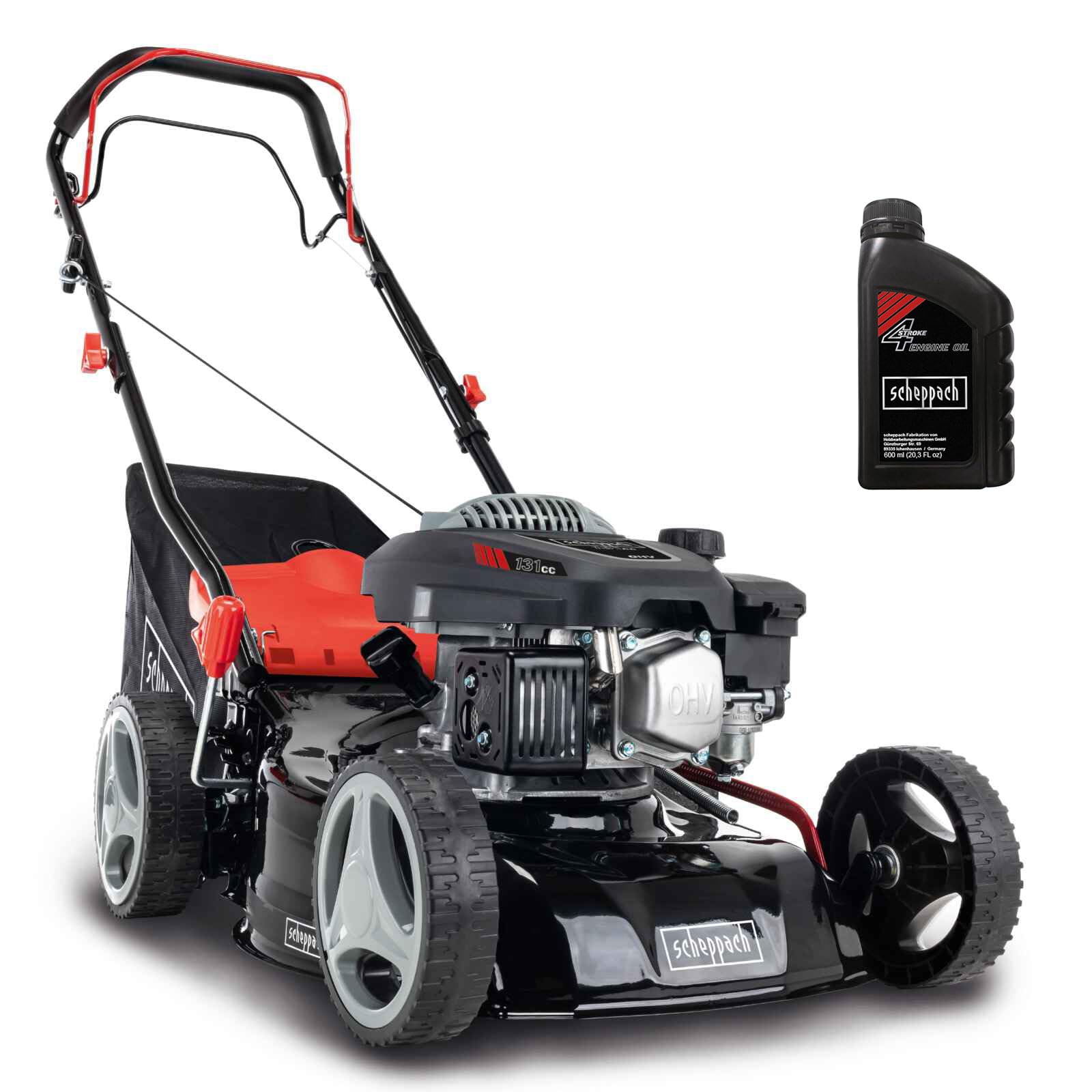 Scheppach Benzin Rasenmäher MS132-42 | Schnittbreite 42cm | Radantrieb | 3,3 PS | Stahlgehäuse | Reinigungsfunktion | Mulchfunktion | 45 Liter Fangkorb | 7-Stufen Höhenverstellung | inkl. Motoröl