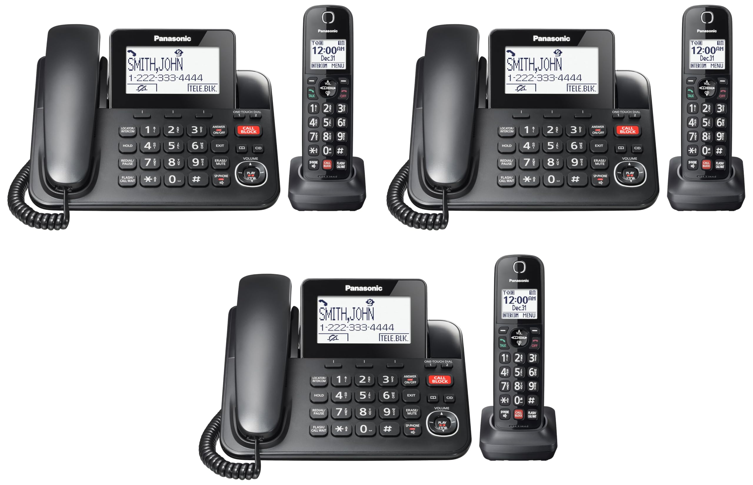 Panasonic Corded/Cordless Phone with Advanced Call Block, 2-Way Recording and Digital Answering Machine, 1 Handset Expandable up to 6 Cordless Handsets - KX-TGF850B (Black) (Pack of 3)