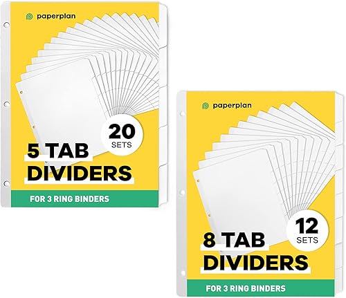 Separadores de carpetas de 3 anillos con pestañas, paquete de 2 paquetes (12 juegos) x 8 separadores de pestañas para carpetas de 3 anillas, 3