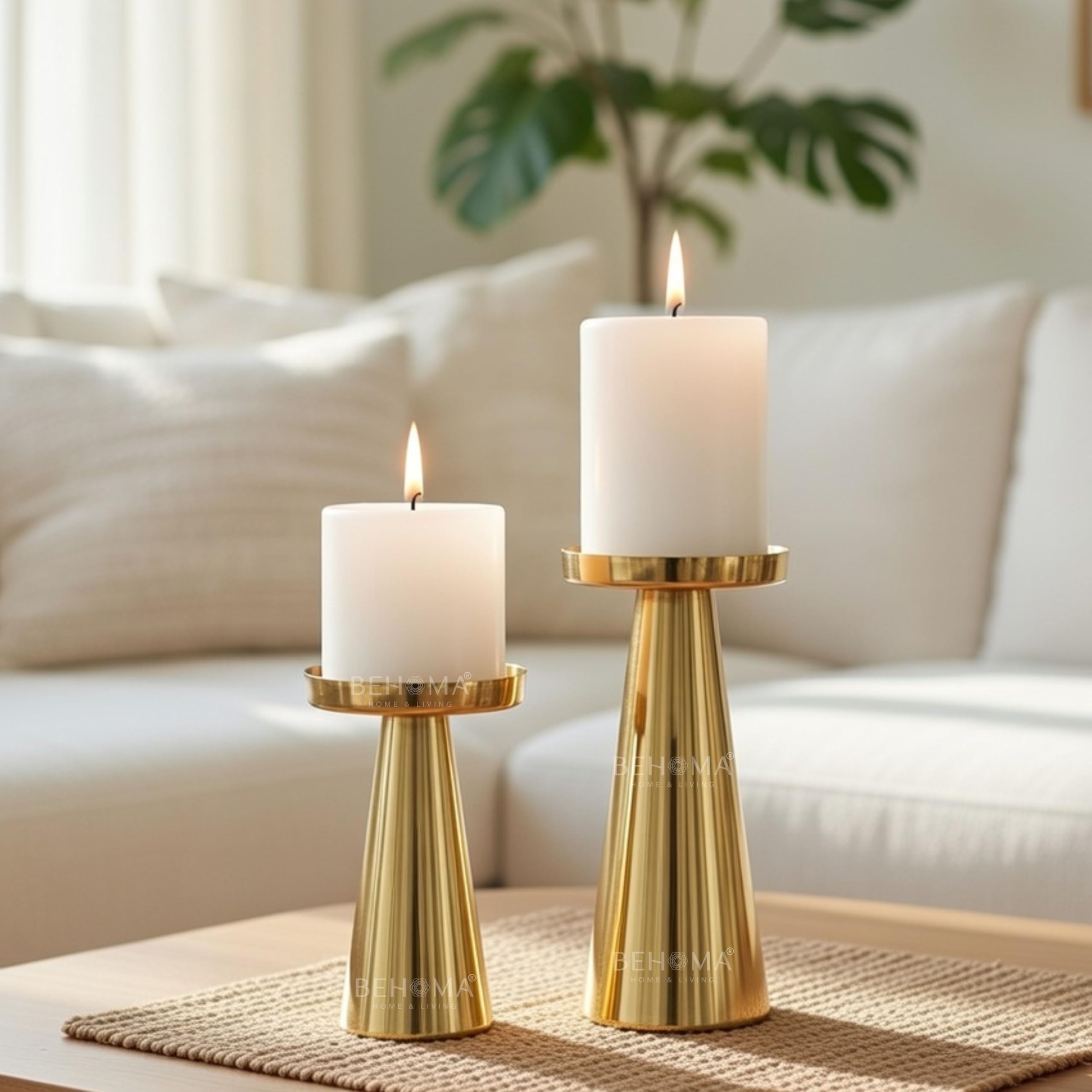 Handcrafted Solid Large Metal Pillar Candle Holders | Table Centerpieces Coffee Tables | Candles Stand for Christmas Home Decor Gift | Wedding Gift | Golden, Set of 2 (Candles are not Included)