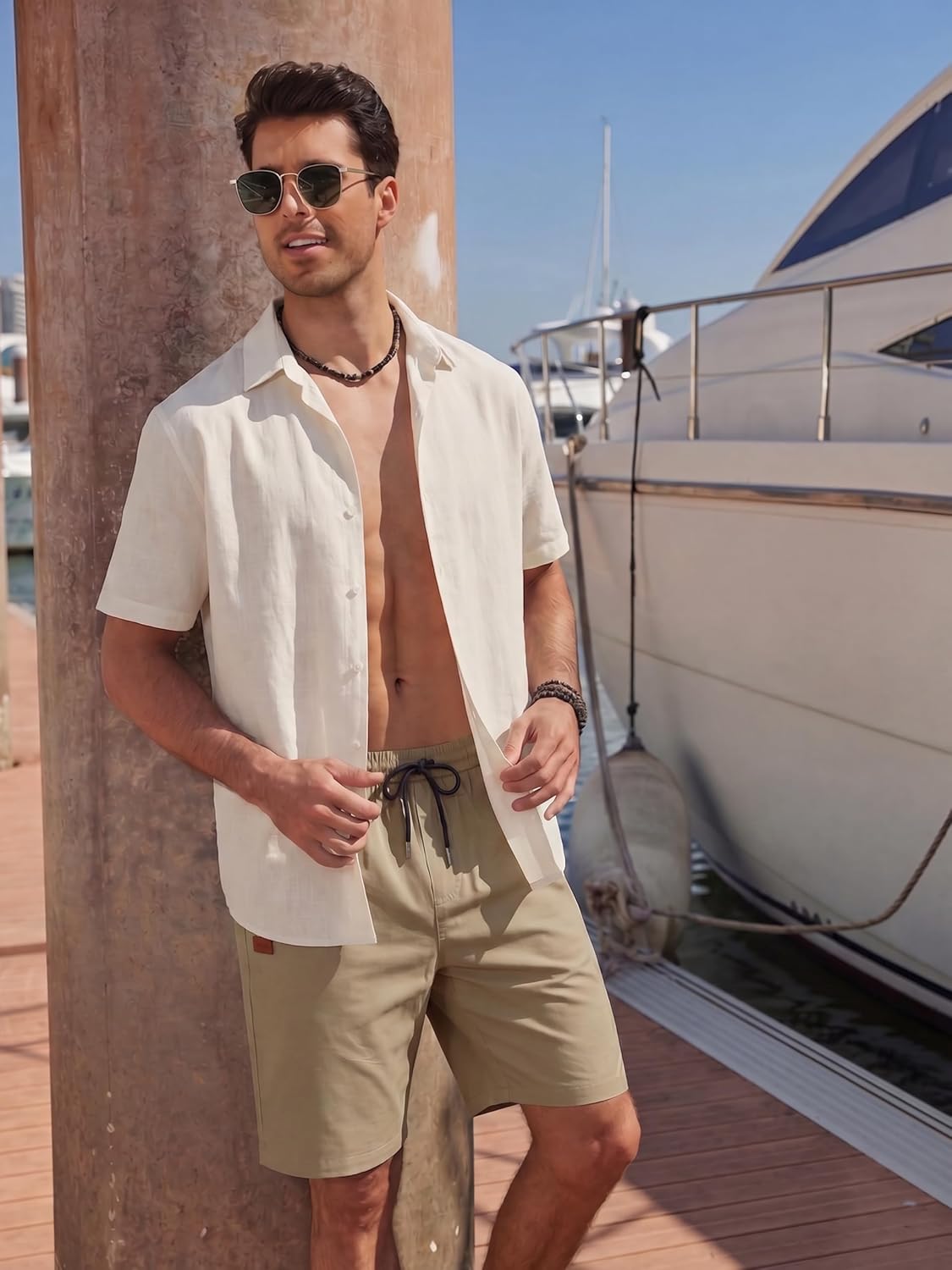  Mens Casual Cotton 9'' Shorts Drawstring Summer Beach Chino Shorts | Elastic Waist, Twill Cotton Fabric, Deep Side Pockets, 9 Inch Chino Length, Regular Fit, Leather Logo, Summer Cruise Vacation thumbnail