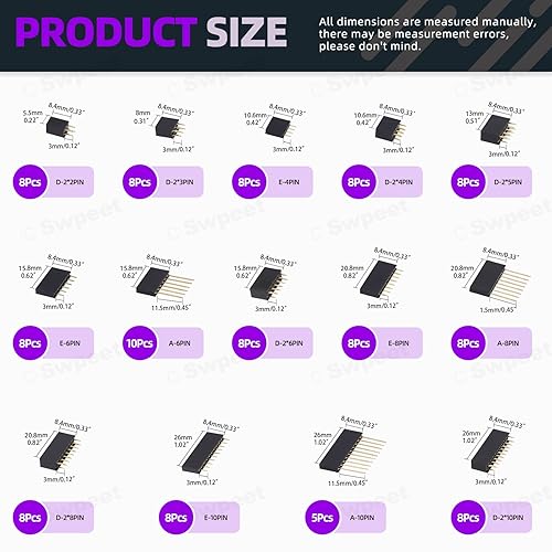 Miniatura 2 de Swpeet Kit surtido de tiras de conector de clavija de clavija de clavija de clavija de 5 tipos de 0.100 in, compatible con cabezales de apilamiento