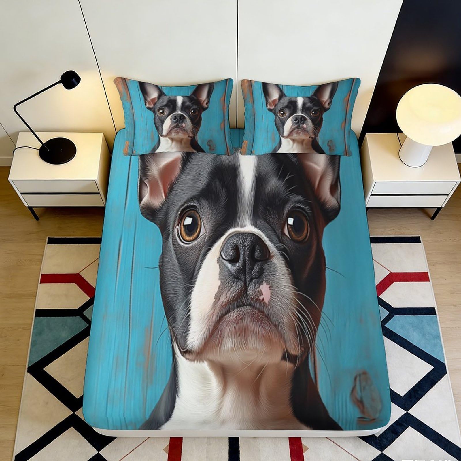 3D Printed Boston Terrier Fitted Sheet Microfiber Soft Durable Black White Dog Mattress Cover for Bedroom Dormitory Guest Room Easy Care 200x200x25cm