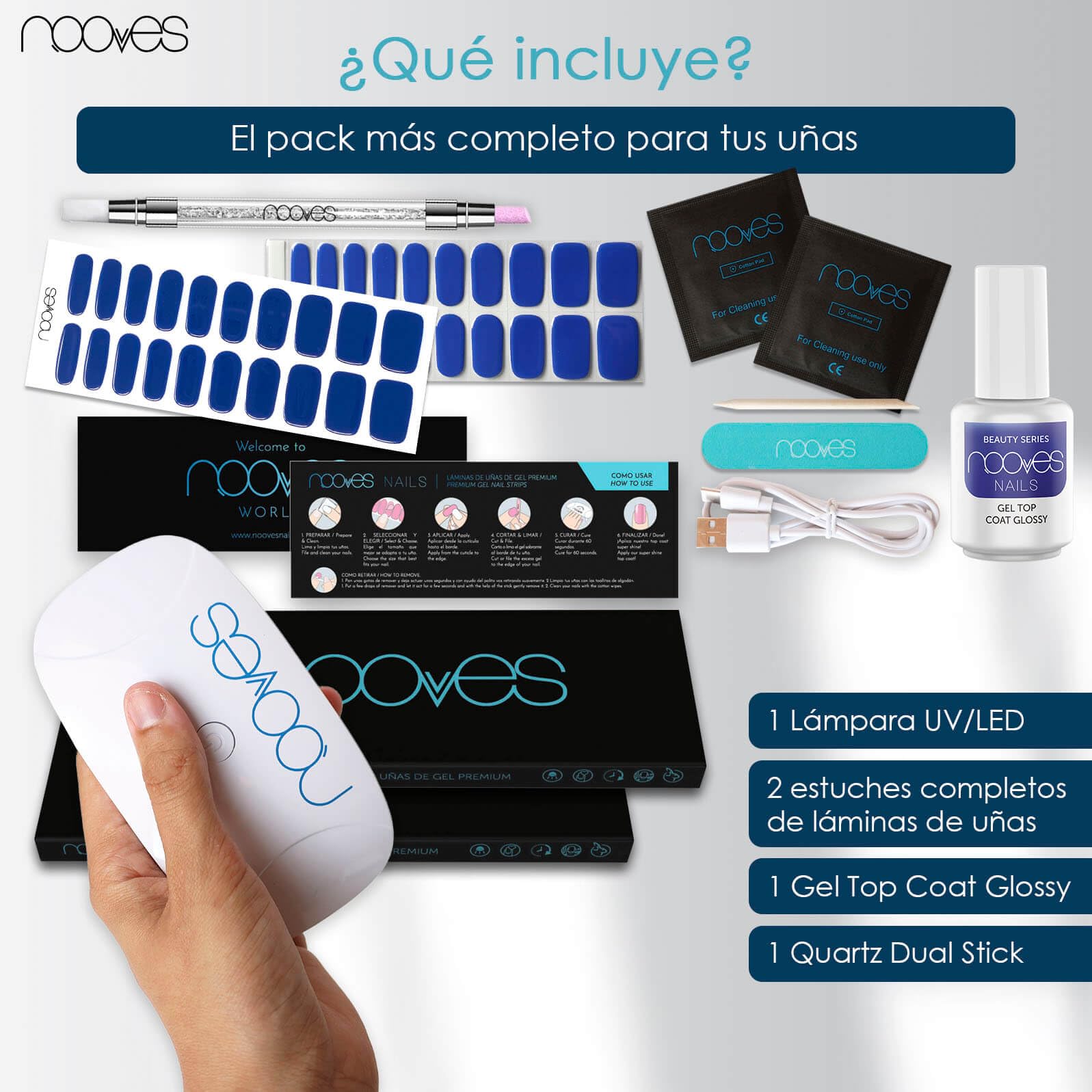 NOOVES - Starter Kit Beauty Azul, Láminas de Gel + Lámpara de Secado UV/LED + Top Coat Glossy + Quartz Dual Stick, Uñas Premium Semicuradas, Manicura, Nail Stickers