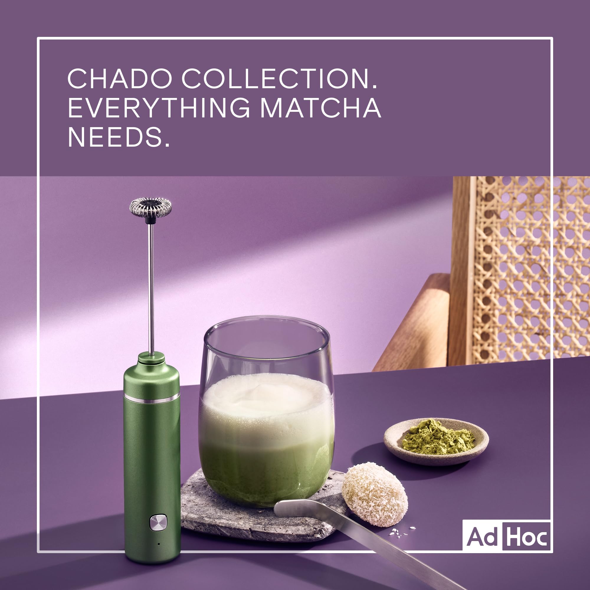 AdHoc Chado Set 3-tlg. – Matcha-Genießer-Set mit elektrischem Milchaufschäumer, mundgeblasenem Glas & Matcha-Löffel aus Edelstahl – USB-C wiederaufladbar