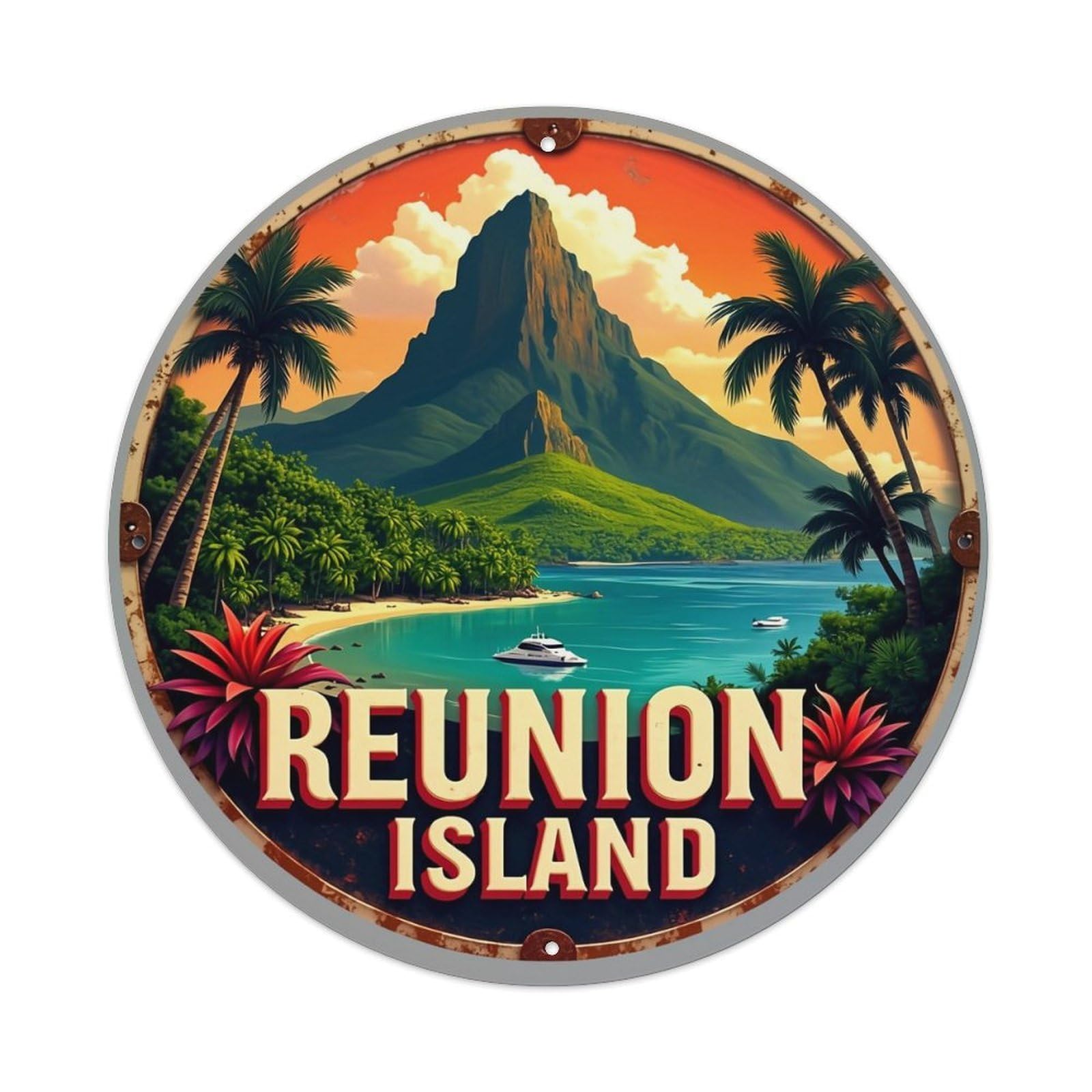 Tropical Island Paradise Landscape Scene Vintage Round Tin Sign Retro Metal Wall Decor Metal Poster, Home Bar Garage Cafe Wall Art Decoration 8x8Inches