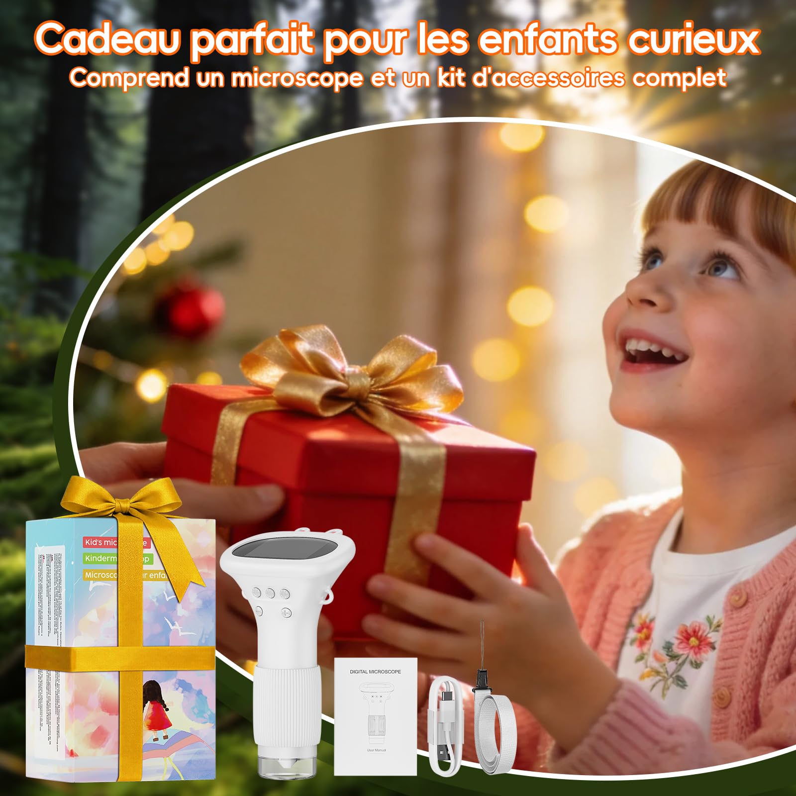 Microscope Enfant Portable Zoom 1000X - Mini Microscope Numérique Rechargeable, Microscop Poche avec Écran, 8 Lumières LED, Jouet Éducatif Scientifique pour Cadeau Noël Filles Garçons (Blanc)